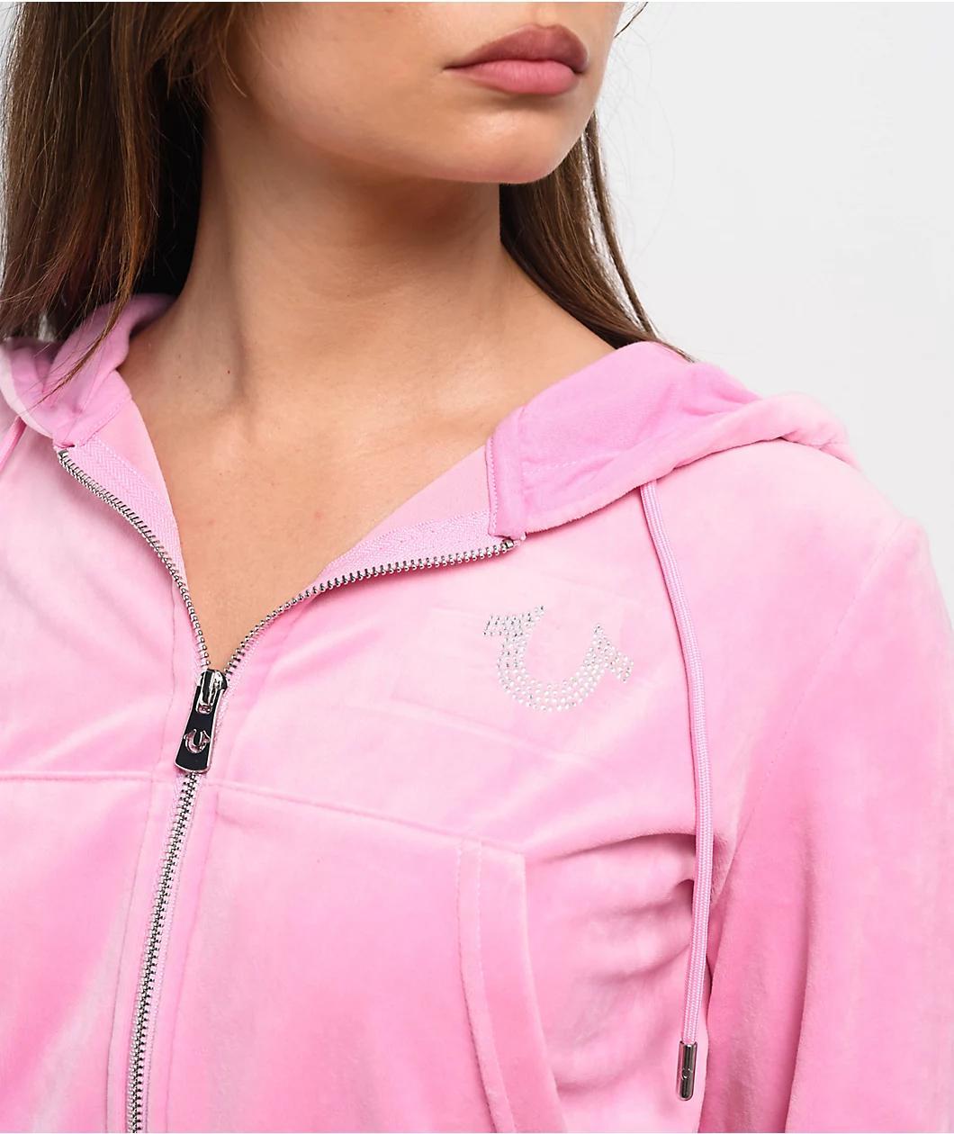 True Religion Pink Velour Crystal Shrunken Zip Hoodie Product Image