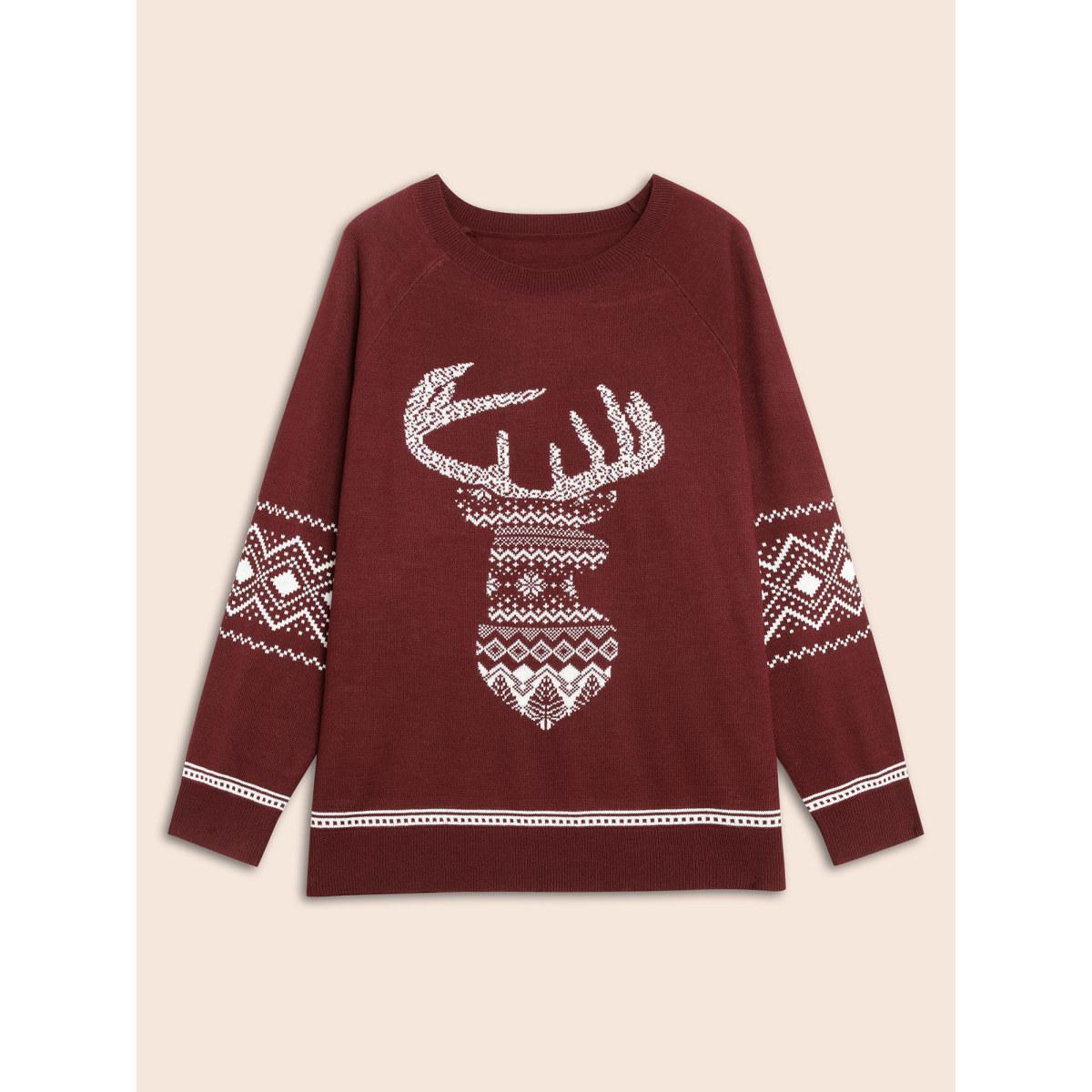 Plus Size Geo Reindeer Printed Sleeves Straight Fit Pullover Scarlet Women Casual Loose Long Sleeve Round Neck Everyday Pullovers BloomChic 10/M Product Image