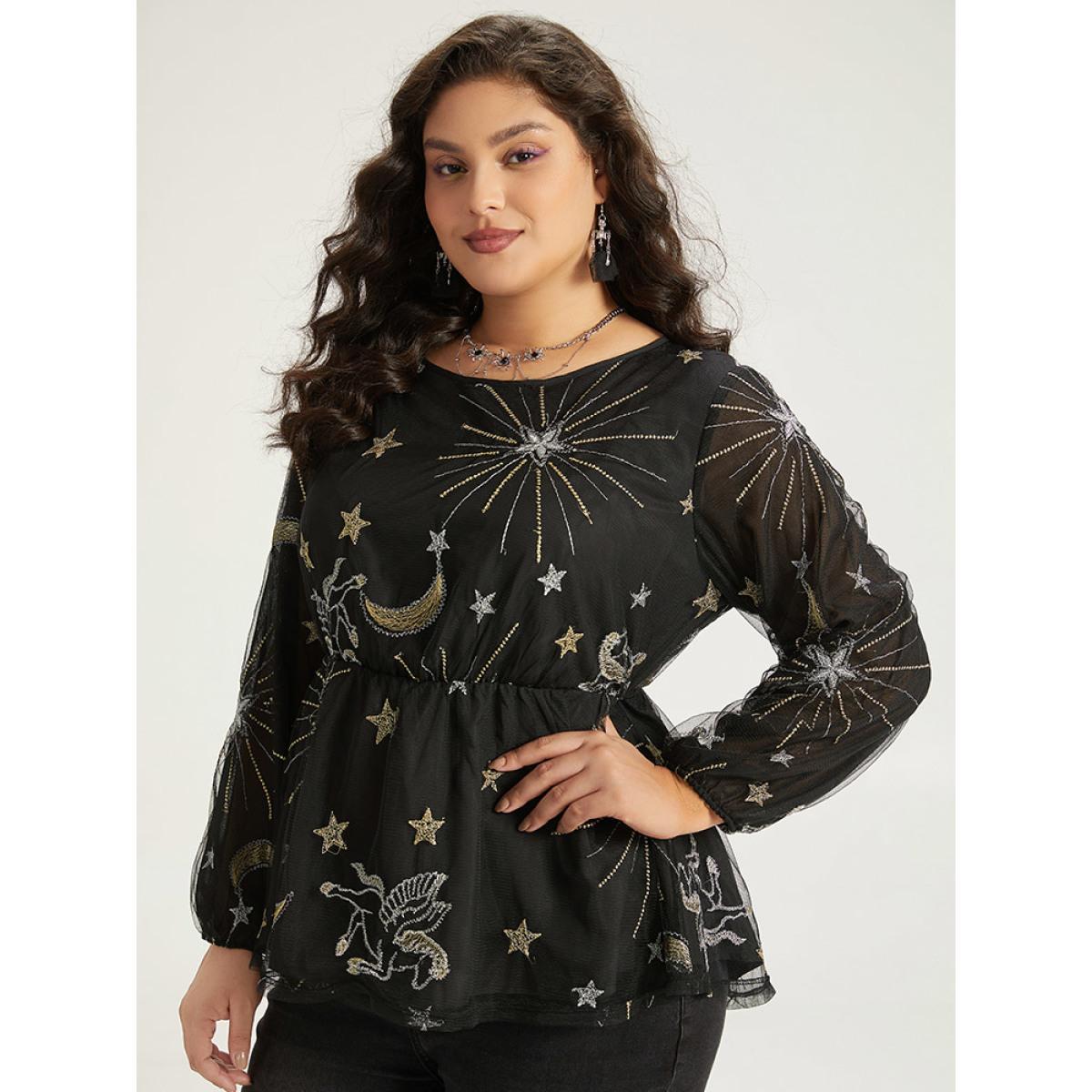 Plus Size Black Halloween Star Elastic Waist Mesh Patchwork Lantern Sleeve Blouses Women Elegant Long Sleeve Round Neck Festival-Halloween Blouses BloomChic 22-24/3X Product Image