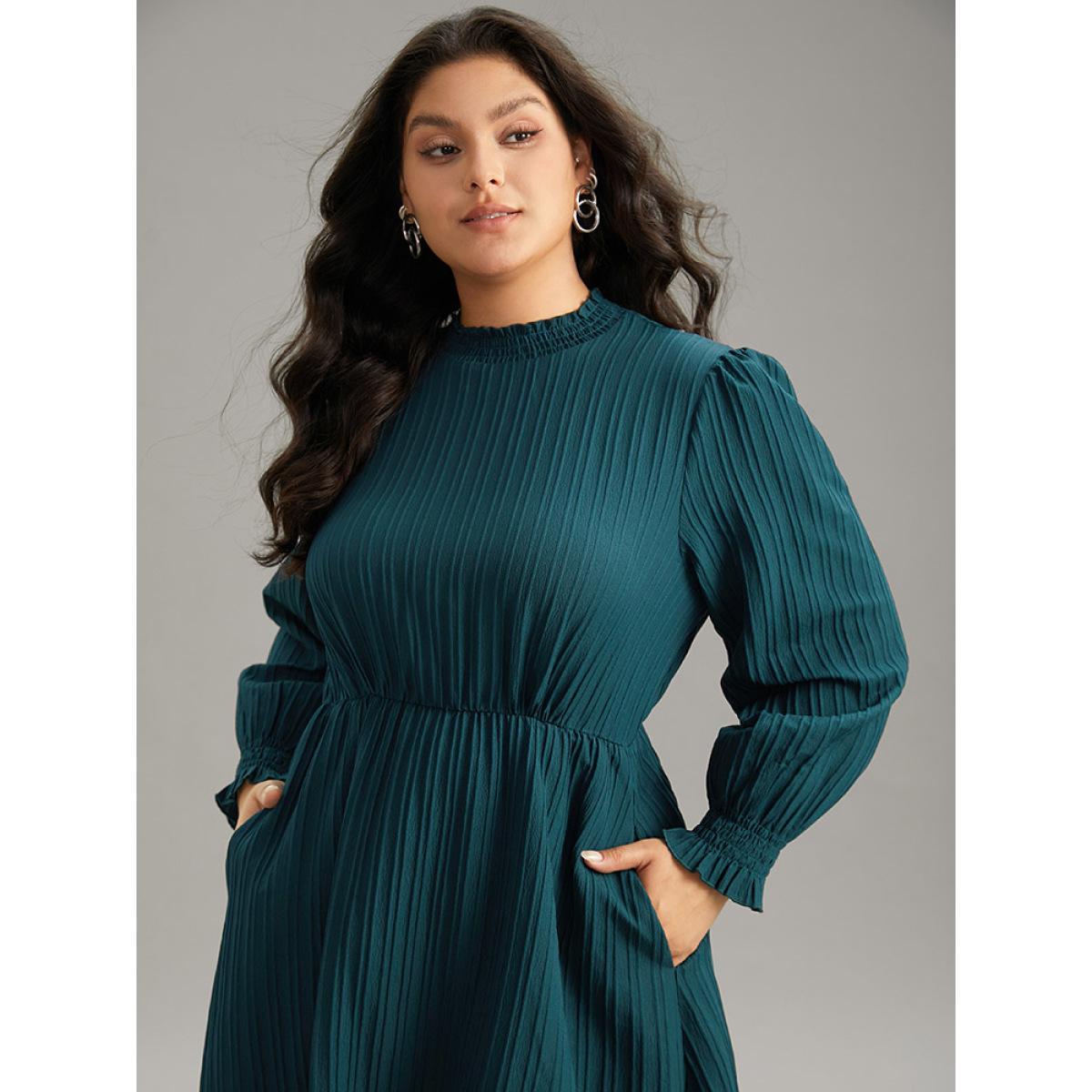 Plus Size Plain Texture Elastic Waist Frill Trim Shirred Dress Emerald Women Office Texture Mock Neck Long Sleeve Curvy Midi Dress BloomChic 18-20/2X Product Image