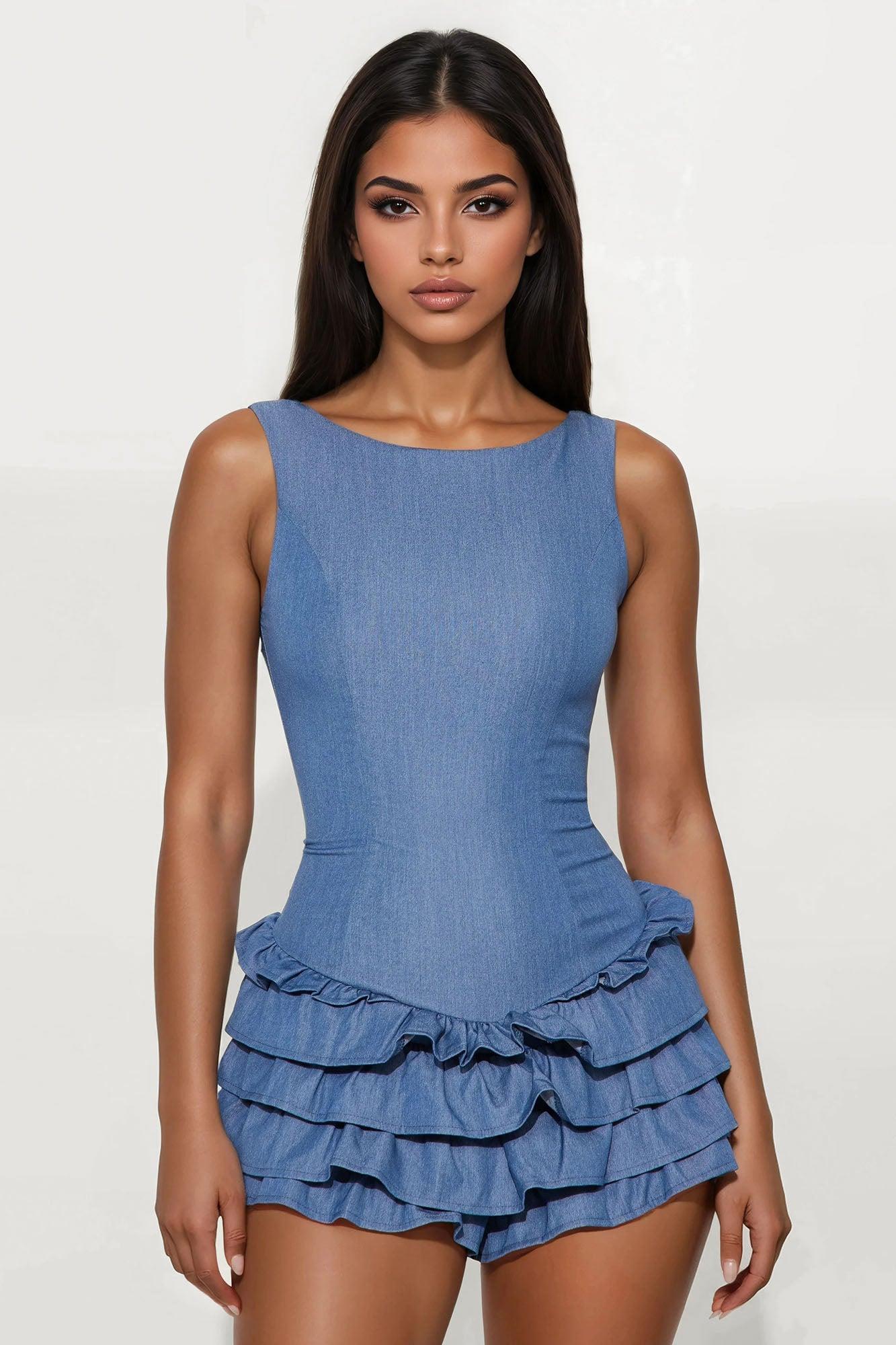 Best Of Times Ruffle Romper - Medium Wash Product Image