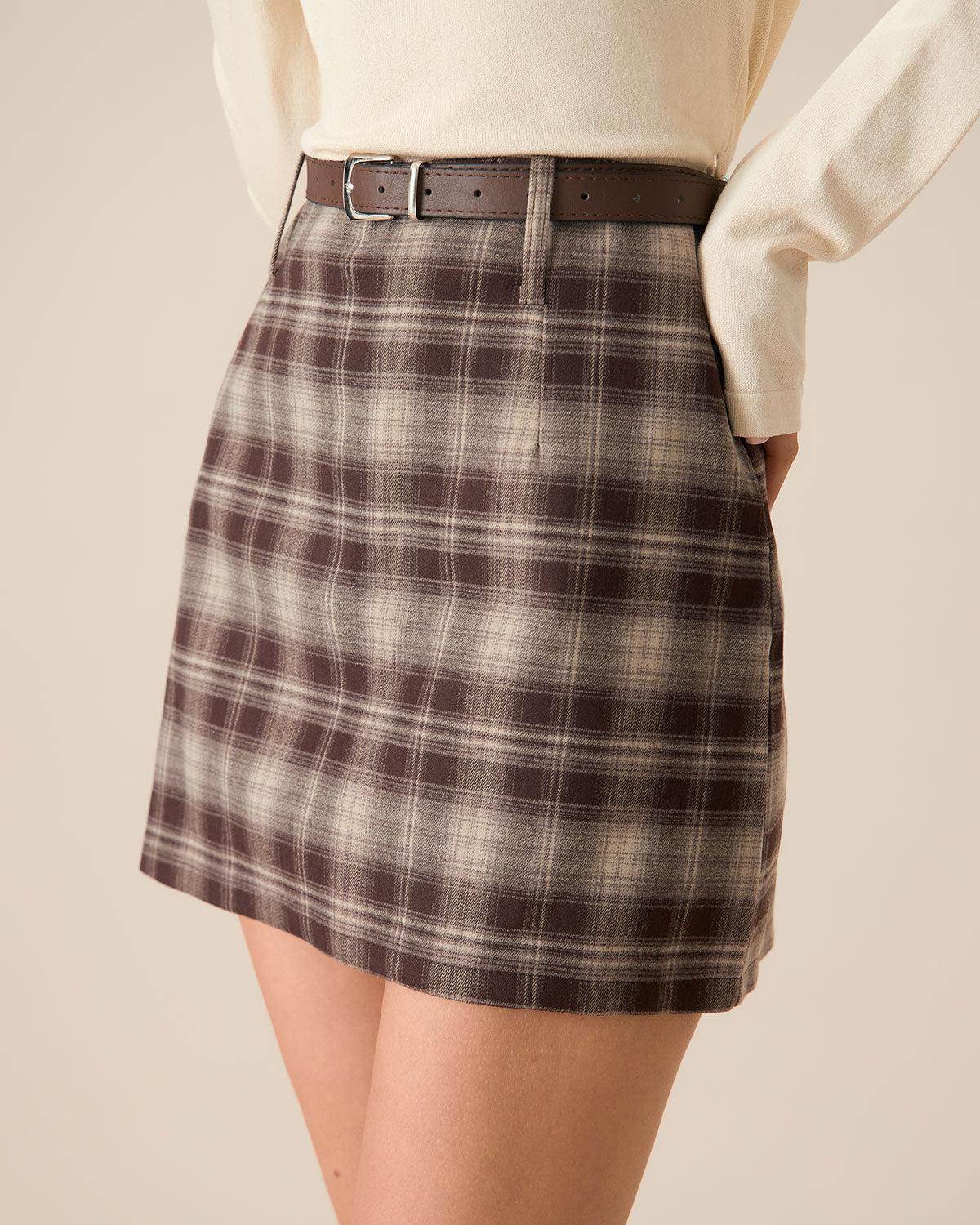 Brown Plaid Straight Mini Skirt Product Image