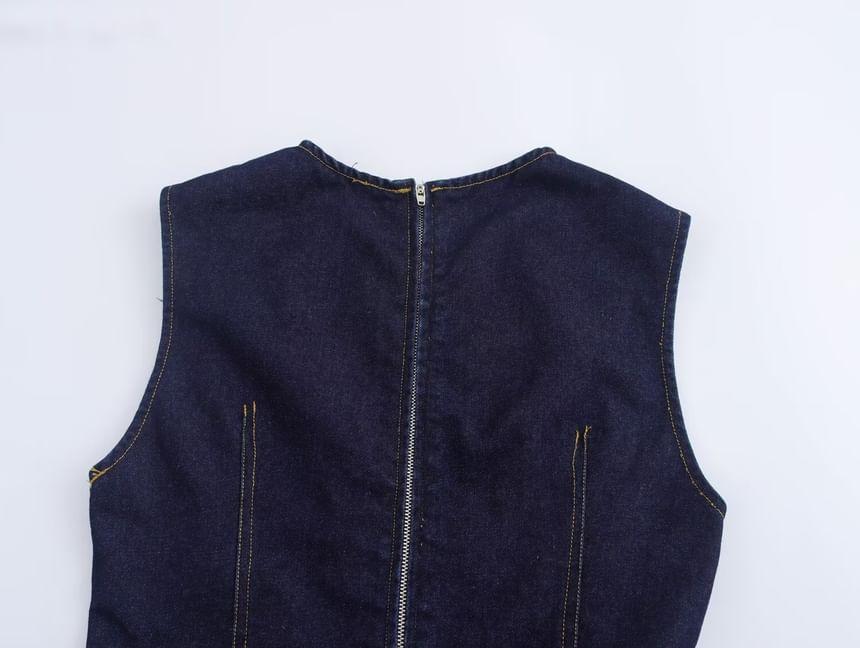 Sleeveless Round Neck Contrast Stitching Denim Midi Sheath Dress Product Image