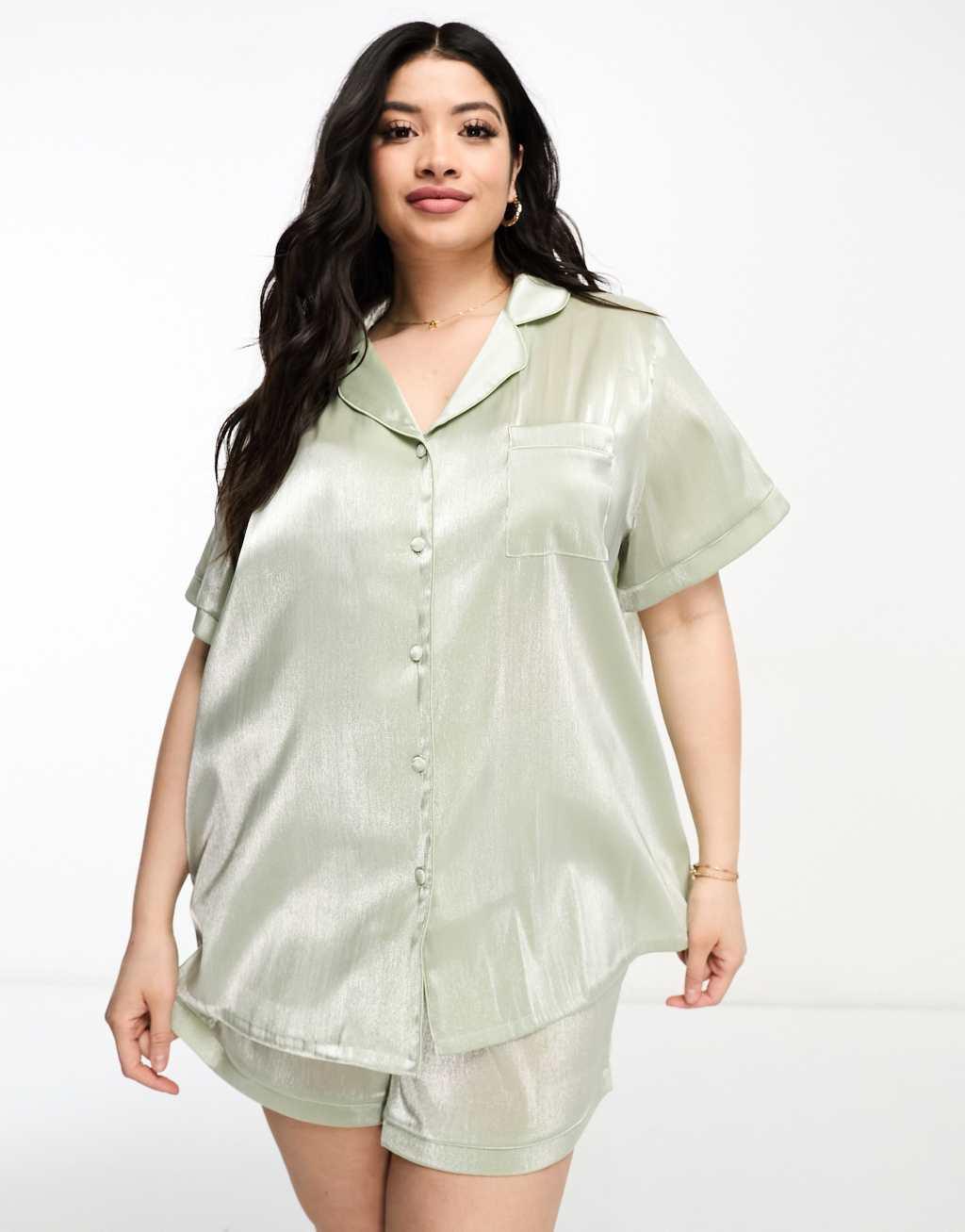 Loungeable Curve bridesmaid taffeta short sleeve revere shirt and short set Product Image