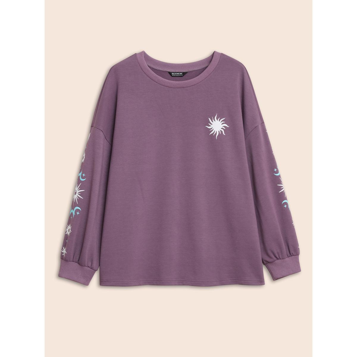 Plus Size Moon & Star Drop Shoulder Sweatshirt Women Mauve Casual Patchwork Round Neck Everyday Sweatshirts BloomChic 28/5X Product Image