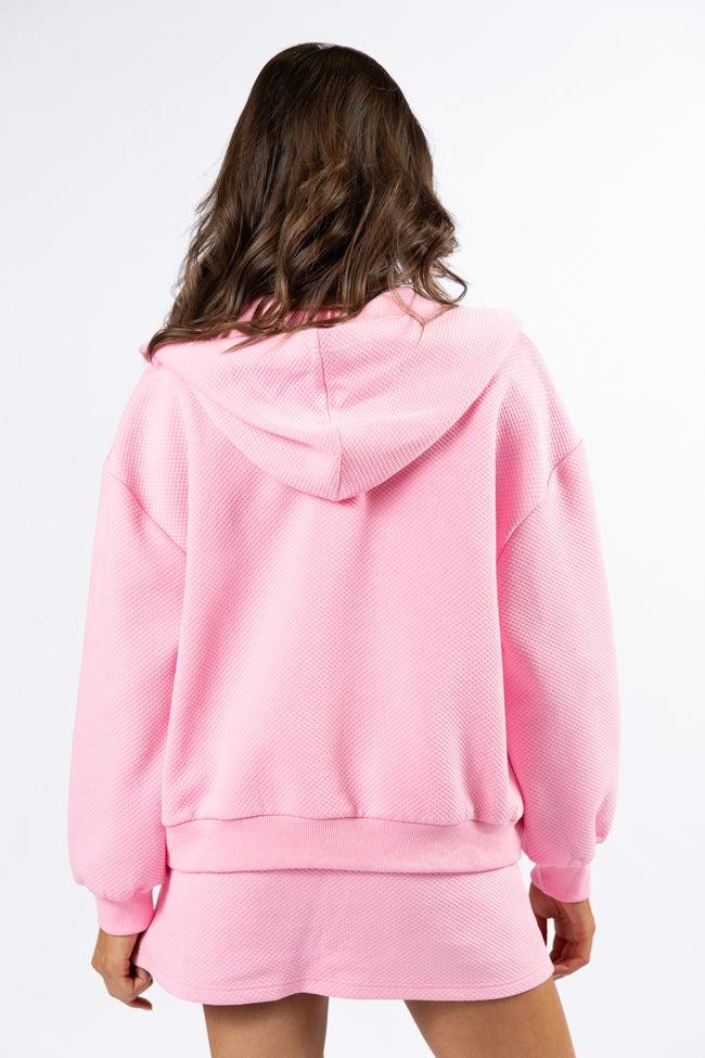 Have It My Way Pink Textured Knit Zip Up Hooded Sweatshirt Product Image