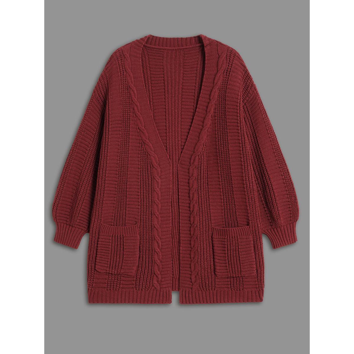 Plus Size Cable Knit Ribbed Detailing Open Front Cardigan Deepred Women Casual Loose Long Sleeve Everyday Cardigans BloomChic 22-24/3X Product Image