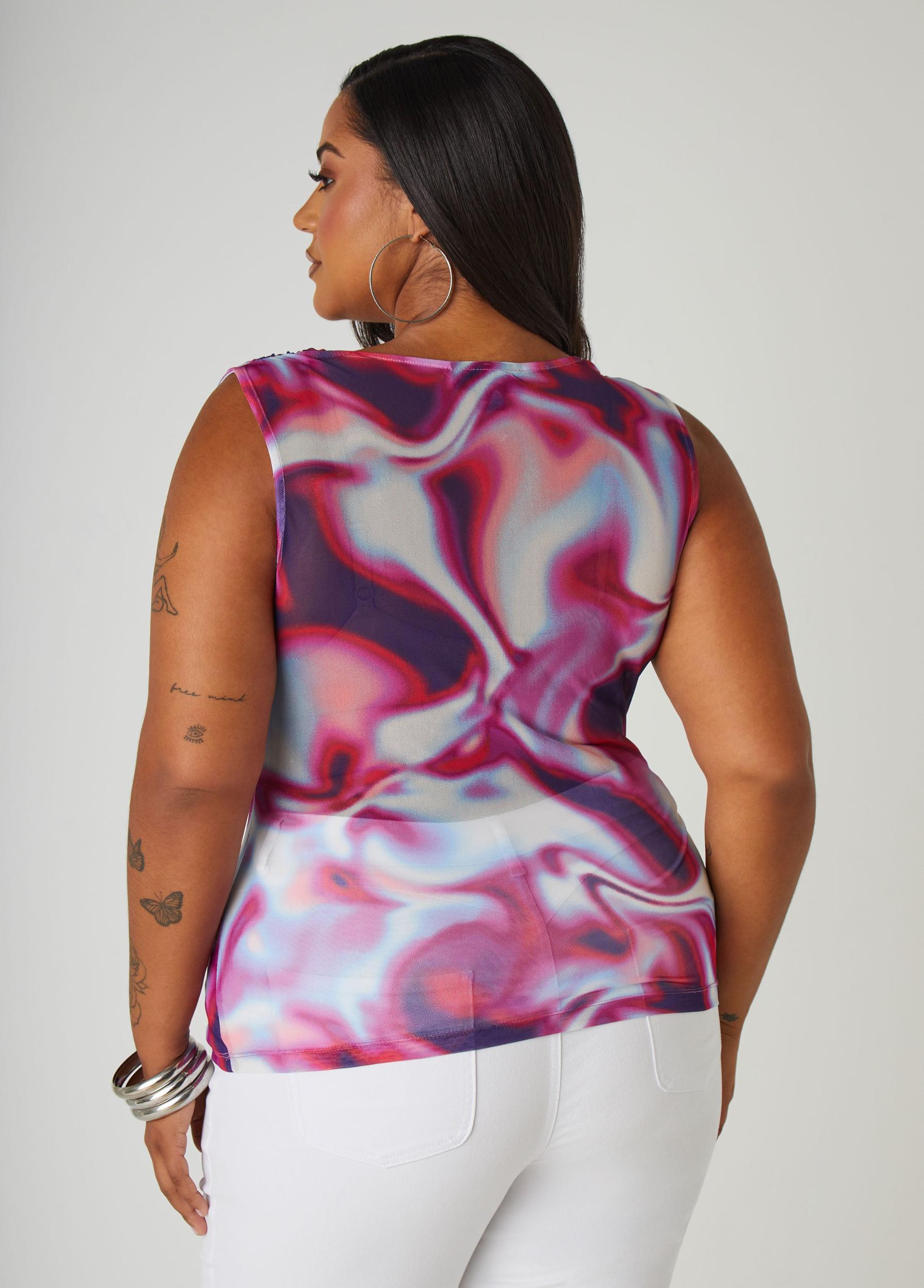 Cowl Neck Abstract Print Mesh Top Product Image