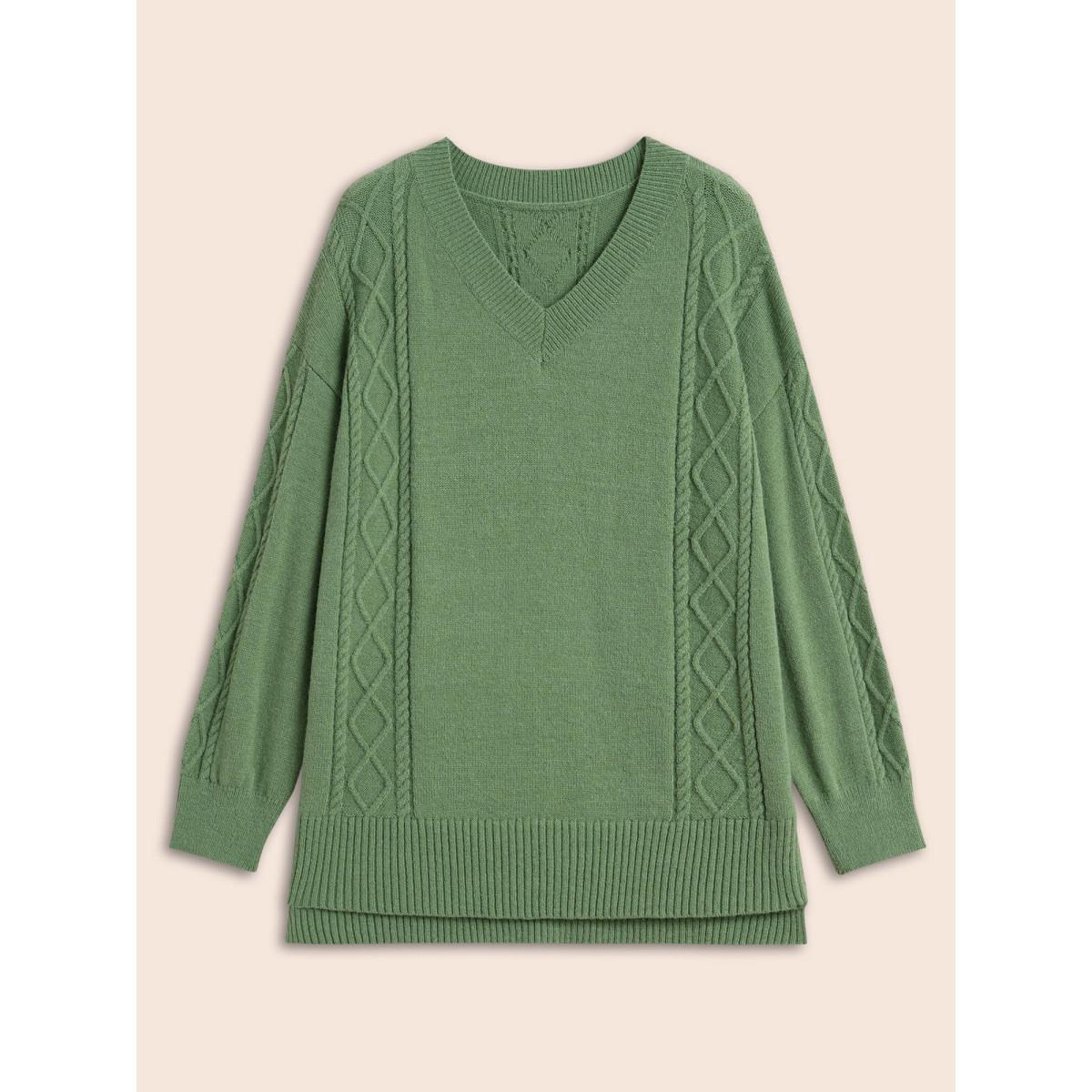 Plus Size Cable Knit Drop Shoulder Slit Hem Pullover LightGreen Women Casual Long Sleeve V-neck Everyday Pullovers BloomChic 10/M Product Image