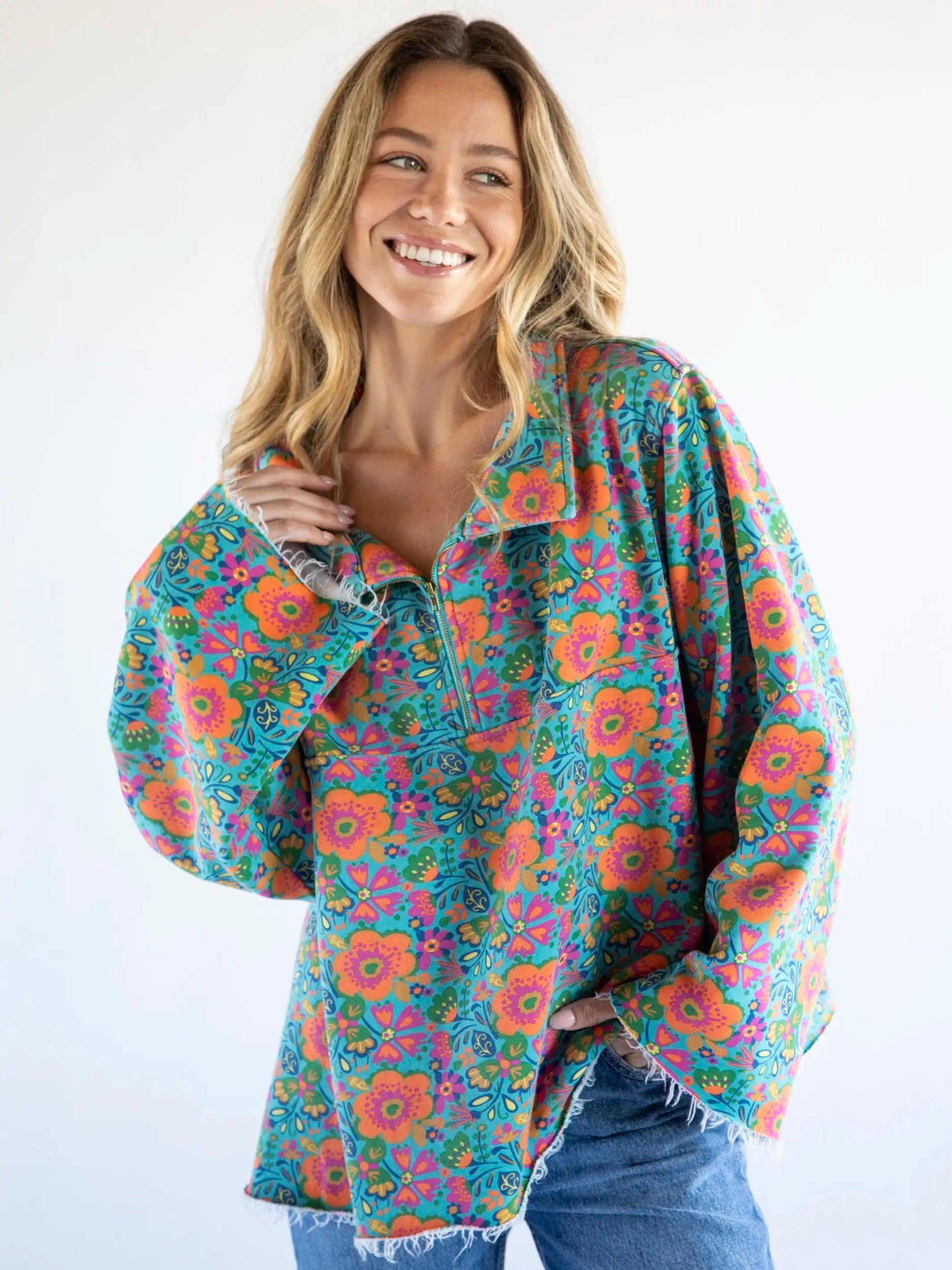 Easy Does It Sweatshirt - Doodle Floral Turquoise Product Image