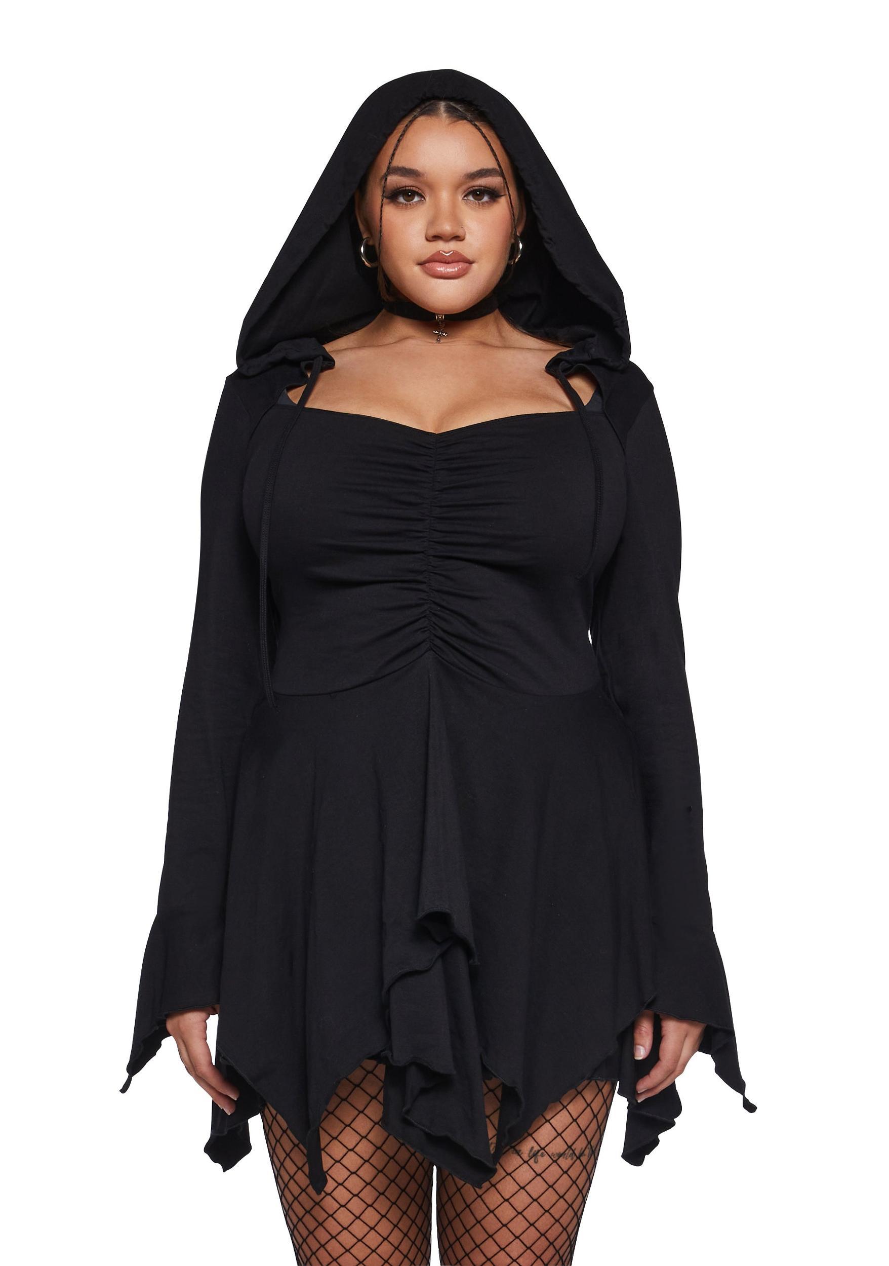 Fairy Fairycore Washed Handkerchief Dress With Hoodie Current Mood - Black Product Image