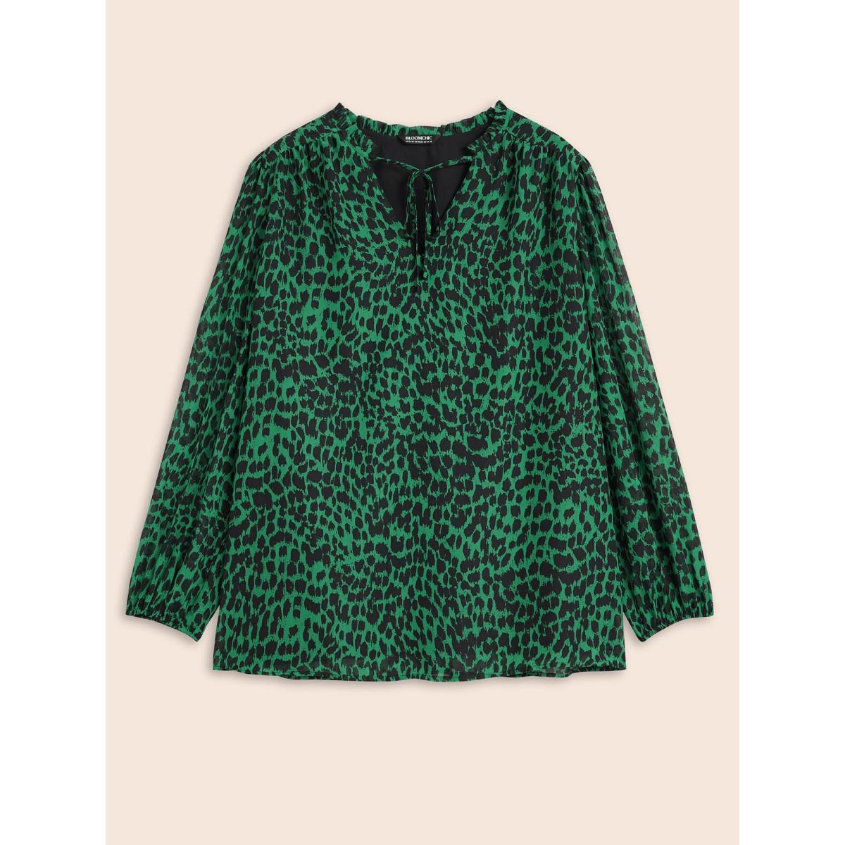 Plus Size DarkGreen Leopard Print Tie Knot Lantern Sleeve Blouse Women Elegant Long Sleeve V-neck Everyday Blouses BloomChic 26/4X Product Image