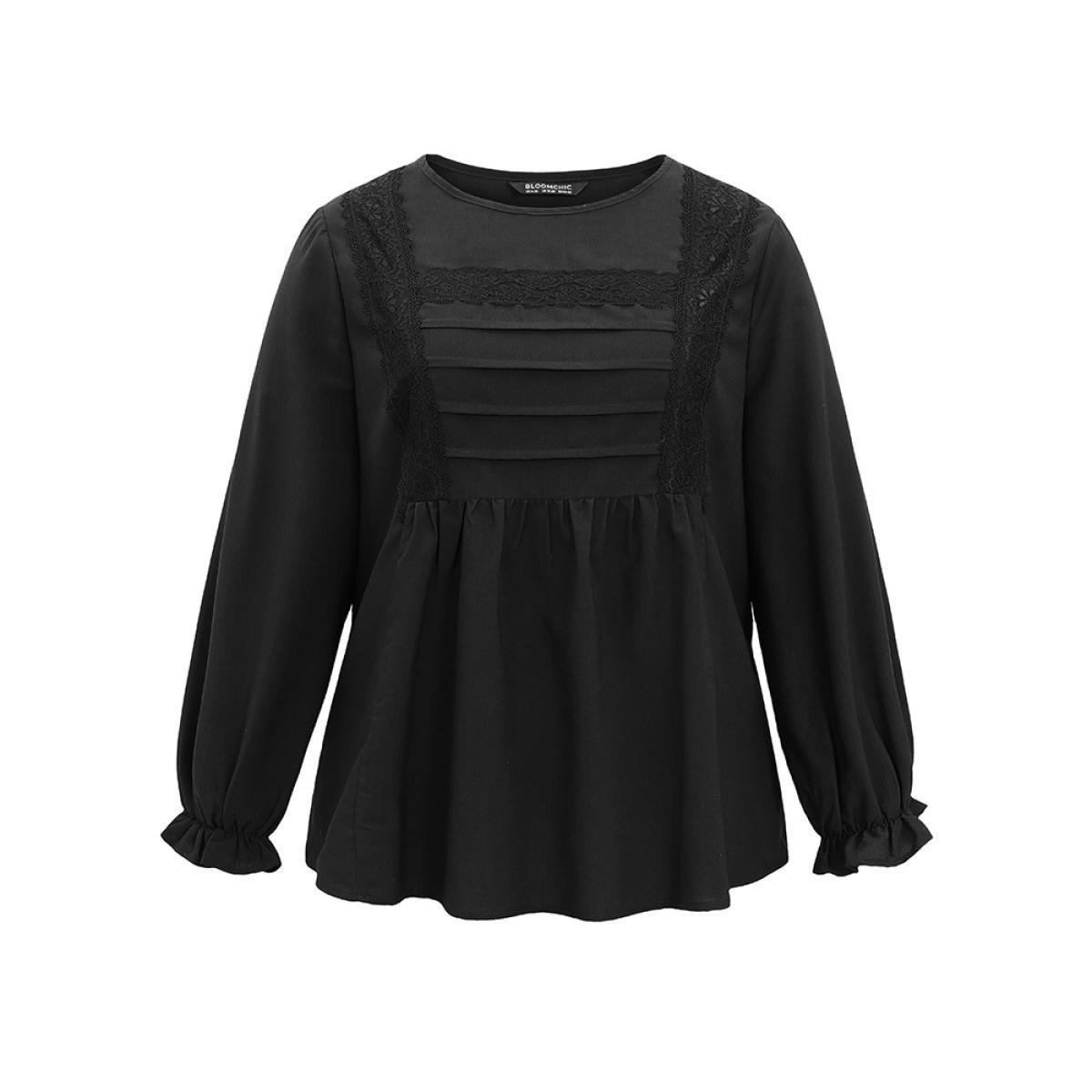 Plus Size Black Pleated Detail Contrast Lace Ruffle Blouse Women Elegant Long Sleeve Round Neck Dailywear Blouses BloomChic 12/L Product Image