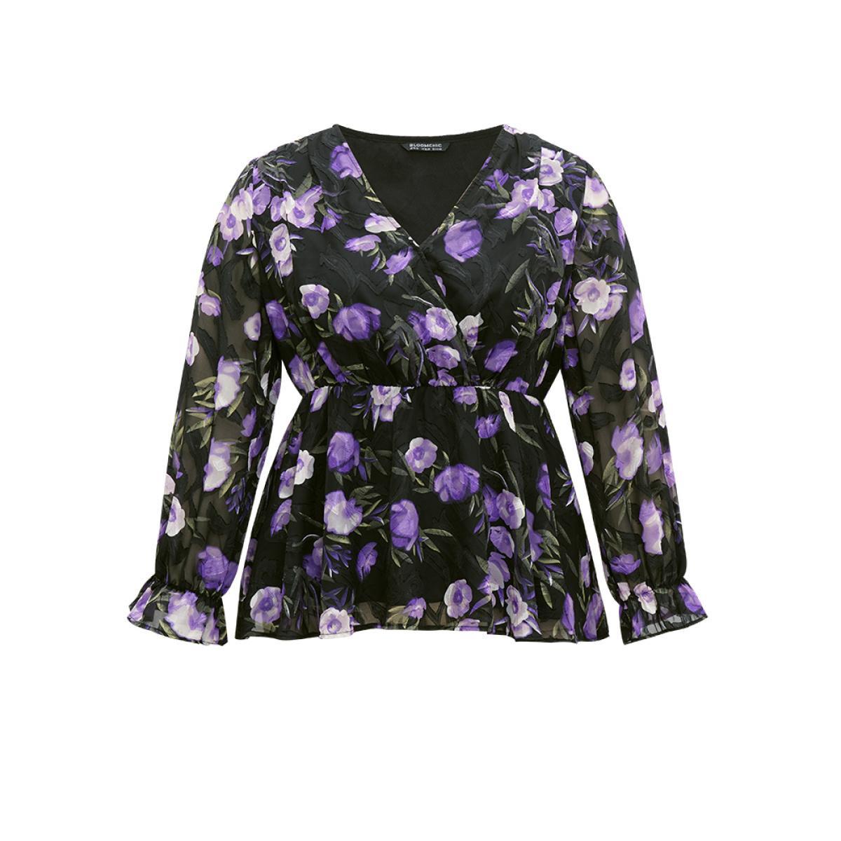 Plus Size Black Chiffon Floral Mesh Wrap Ruffle Hem Blouse Women Glamour Long Sleeve V-neck Going out Blouses BloomChic 10/M Product Image
