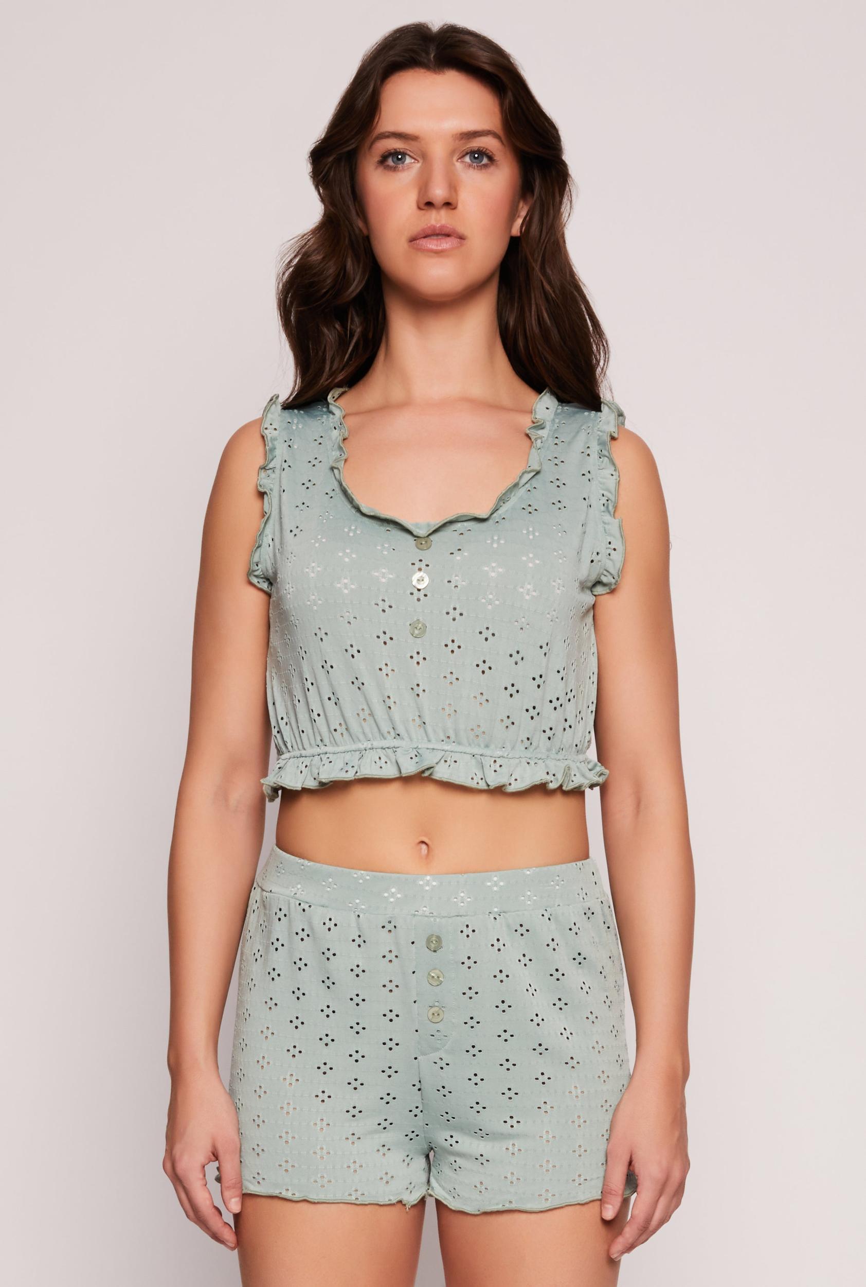 Womens Eyelet Ruffled Pajama Crop Top and Shorts Product Image