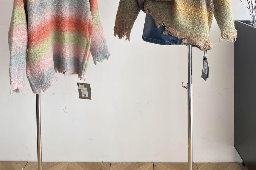 V-Neck Striped Distressed Sweater Product Image