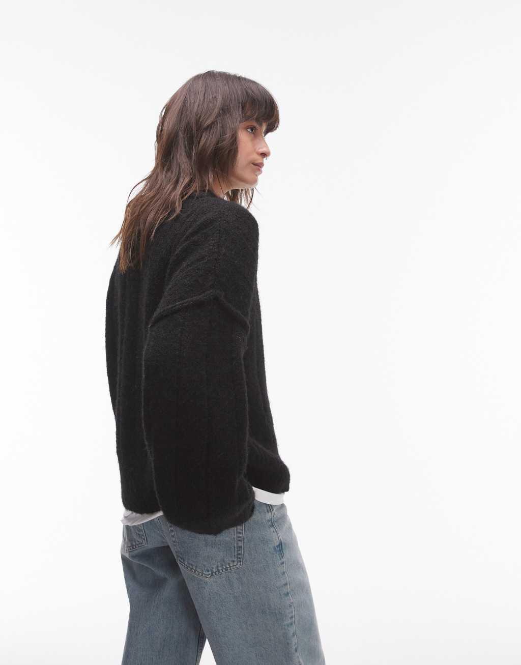 Topshop knitted fluffy rib oversized crew sweater in black Product Image