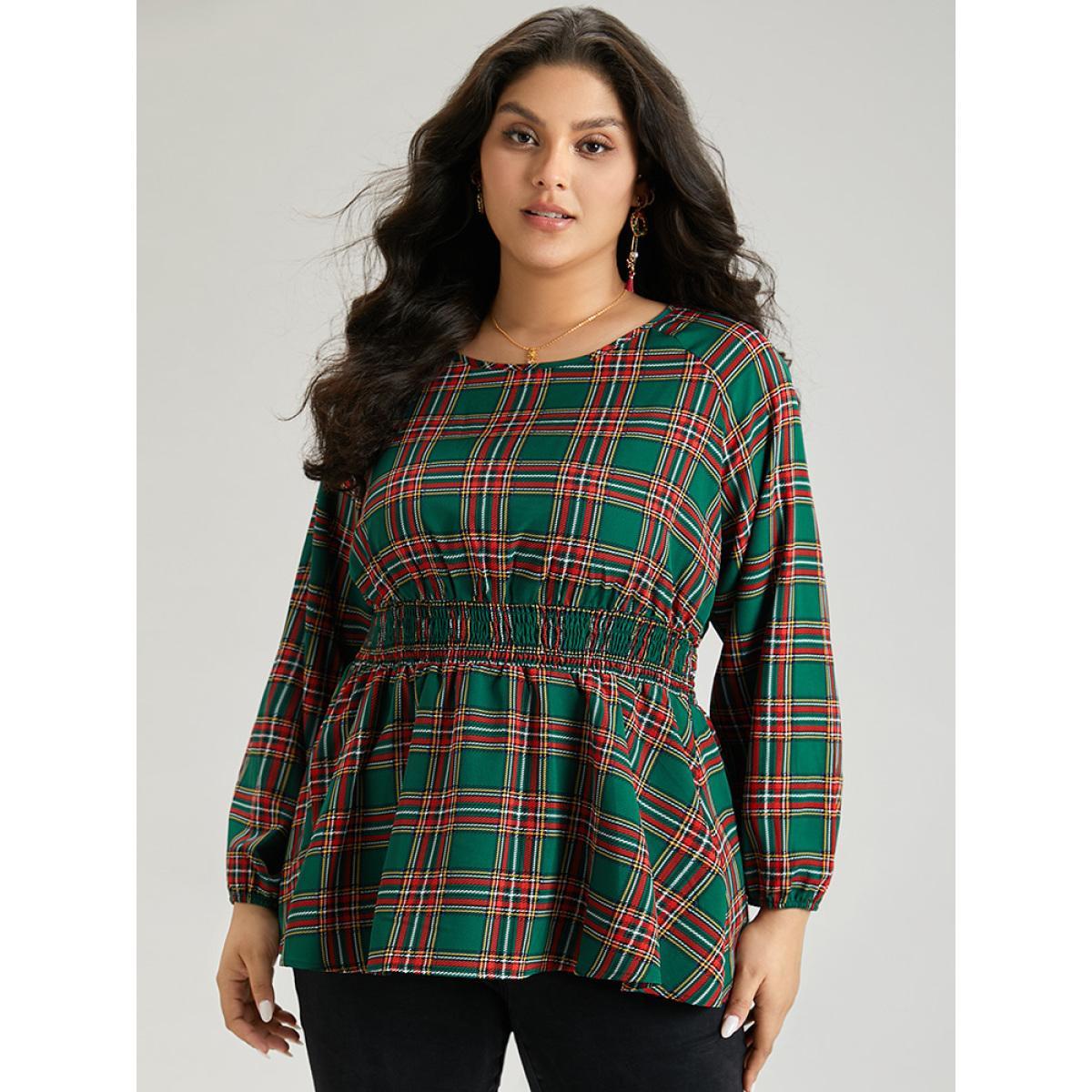 Plus Size Green Christmas Plaid Shirred Ruffle Hem Blouse Women Elegant Long Sleeve Round Neck Festival-Christmas Blouses BloomChic 14-16/1X Product Image
