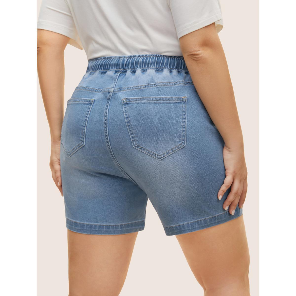Plus Size Light Wash Elastic Waist Drawstring Denim Shorts Women Denimlightblue Drawstring Medium stretch Everyday Slanted pocket Casual Denim Shorts BloomChic 26/4X Product Image