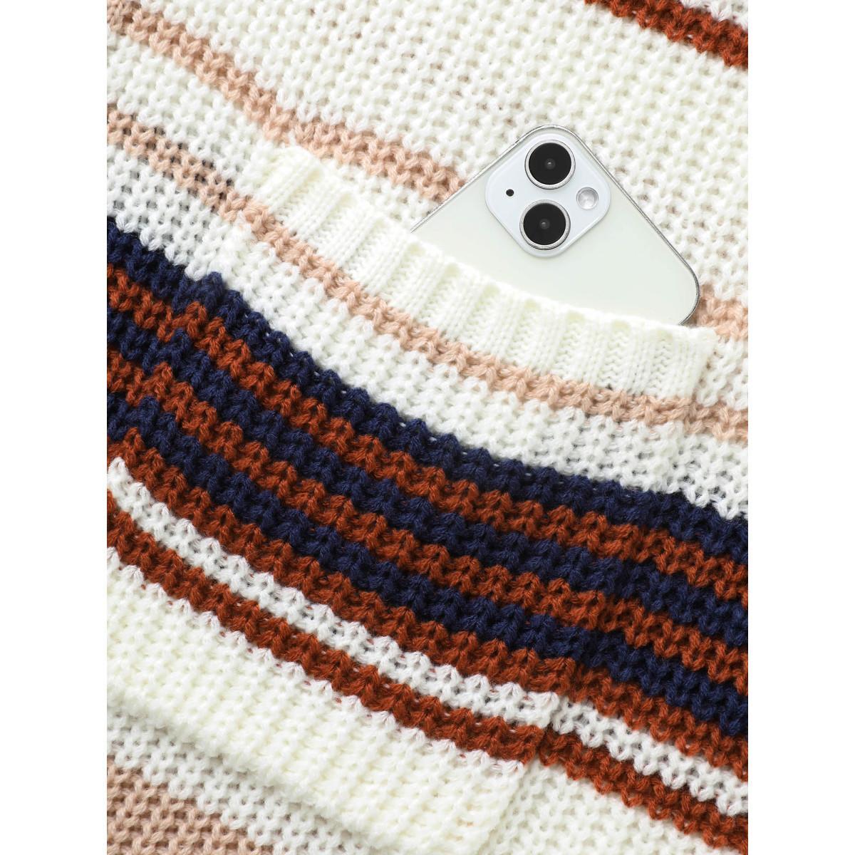 Plus Size Contrast Striped Pocket Drop Shoulder Cardigan Browncoffeecolor Women Casual Loose Long Sleeve Everyday Cardigans BloomChic 12/L Product Image