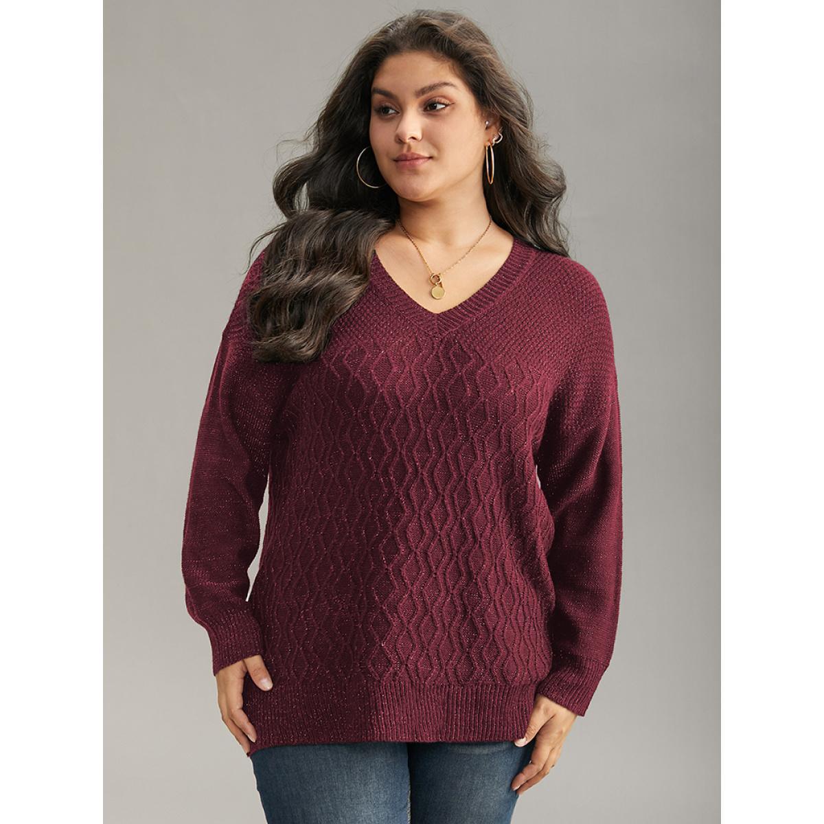 Plus Size Plain Sparkly V Neck Loose Pullover Scarlet Women Casual Long Sleeve V-neck Everyday Pullovers BloomChic 14-16/1X Product Image