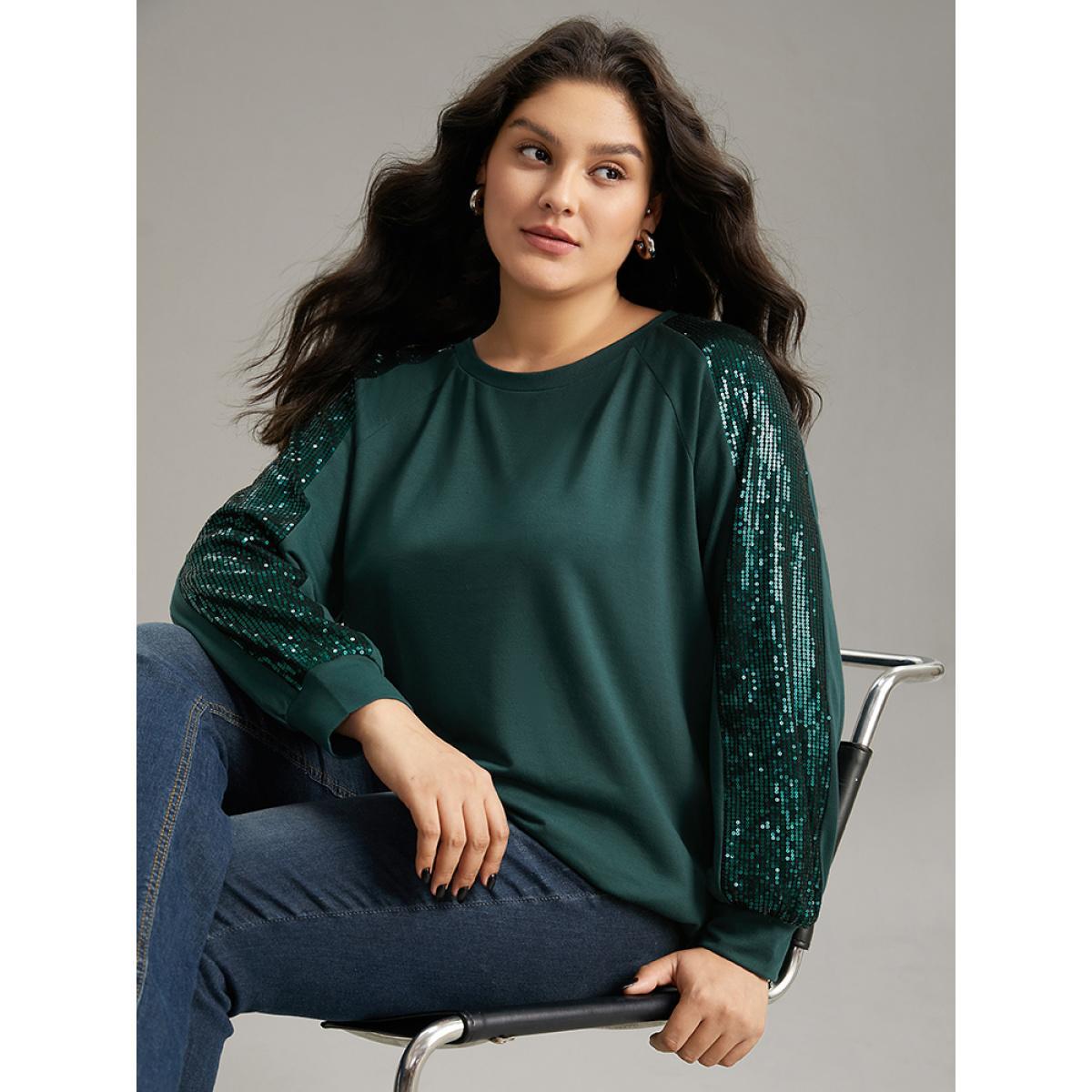 Plus Size Solid Sequin Patchwork Raglan Sleeve Sweatshirt Women DarkGreen Elegant Elastic cuffs Round Neck Dailywear Sweatshirts BloomChic 12/L Product Image