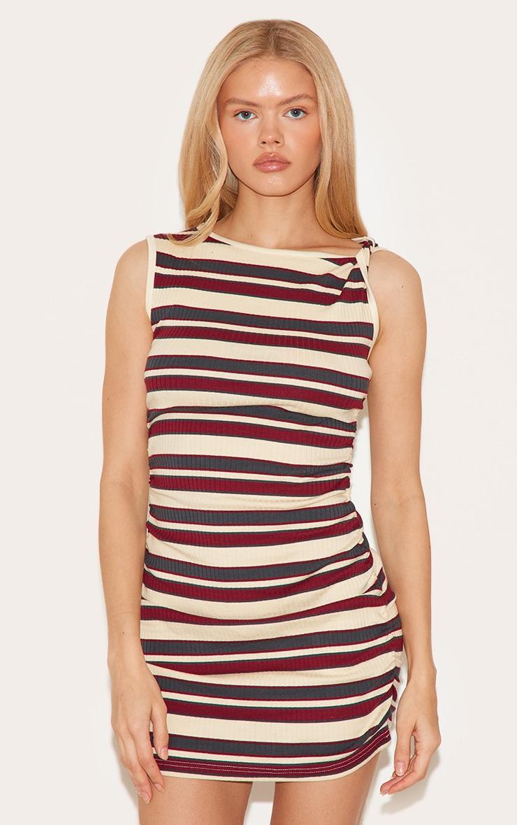 Burgundy Striped Twist Shoulder Bodycon Dress Product Image