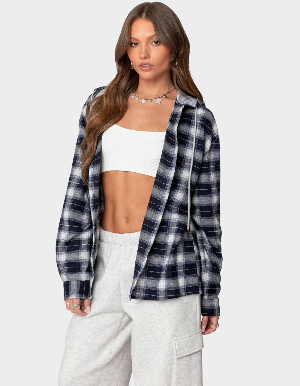 EDIKTED Plaid Hooded Button Up Shirt Product Image