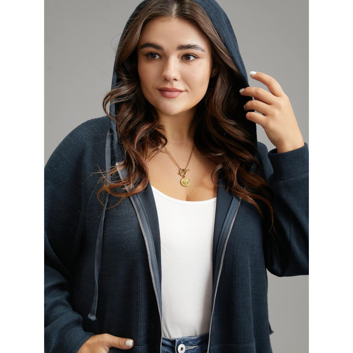 Plus Size Rib Knit Raglan Sleeve Hooded Drawstring Sweatshirt Women Indigo Casual Texture Hooded Dailywear Sweatshirts BloomChic 10/M Product Image