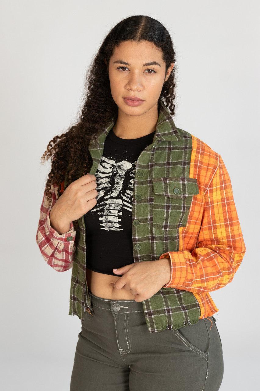 Cropped Patchwork Plaid Flannel Shirt Product Image