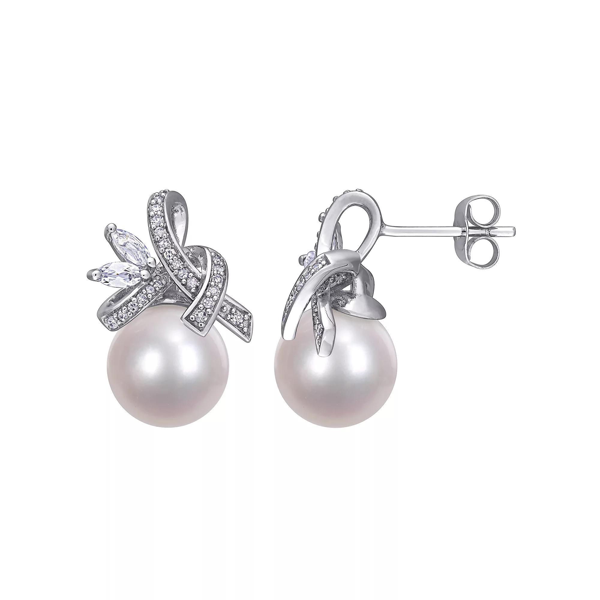 Stella Grace 10k White Gold 1/6 Carat T.W. Diamond, Freshwater Cultured Pearl & White Topaz Earrings, Women's Product Image