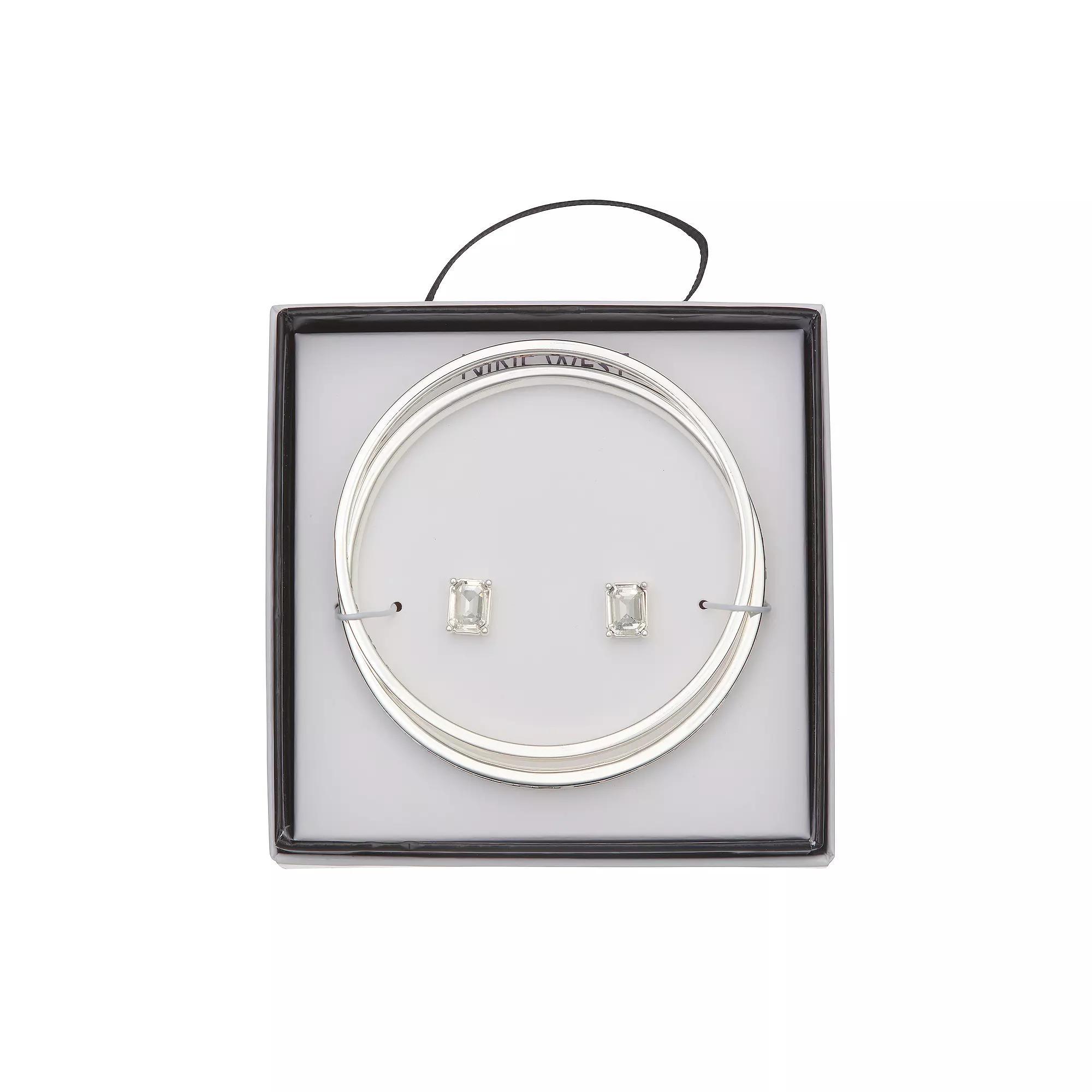 Nine West Stone Bangle Bracelet & Stud Earring Set, Women's, Silver Tone Product Image