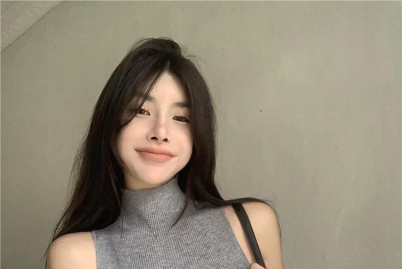 Mock Neck Plain Ribbed Knit Tank Top Product Image