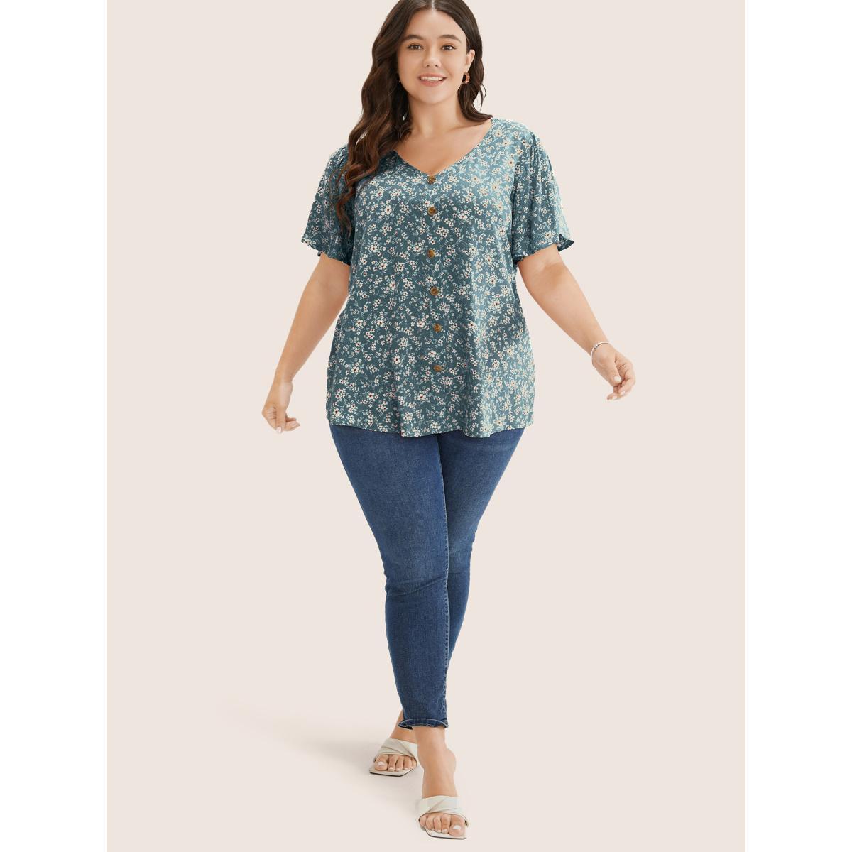 Plus Size Aegean Ditsy Floral Contrast Ruffle Sleeve Button Detail Blouse Women Elegant Short sleeve Non Everyday Blouses BloomChic 28/5X Product Image