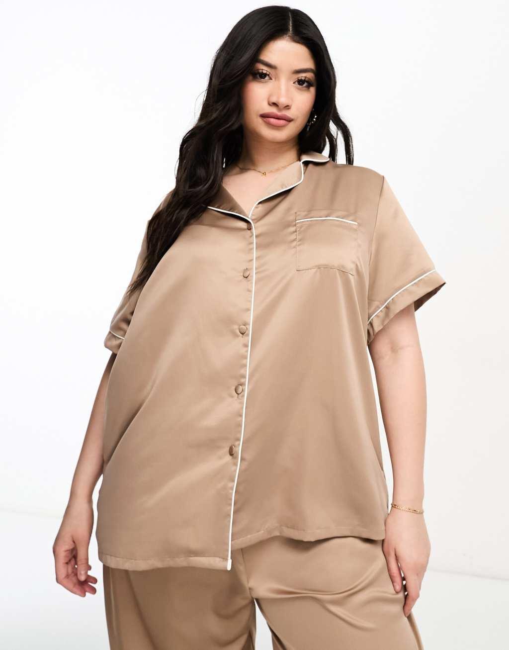 Loungeable Curve bridesmaid satin short sleeve camp collar shirt and pants in taupe Product Image