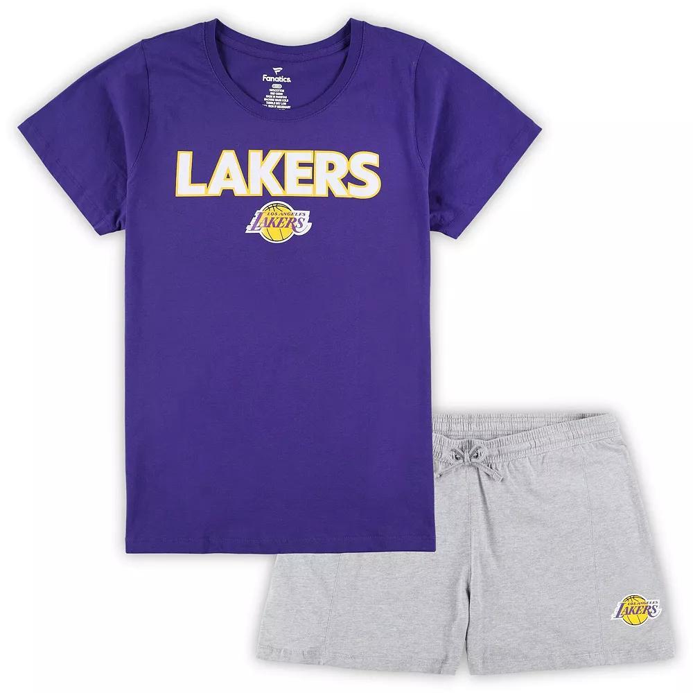 Women's Fanatics Branded Purple/Heather Gray Los Angeles Lakers Plus Size T-Shirt & Shorts Combo Set, Size: 2XL Product Image