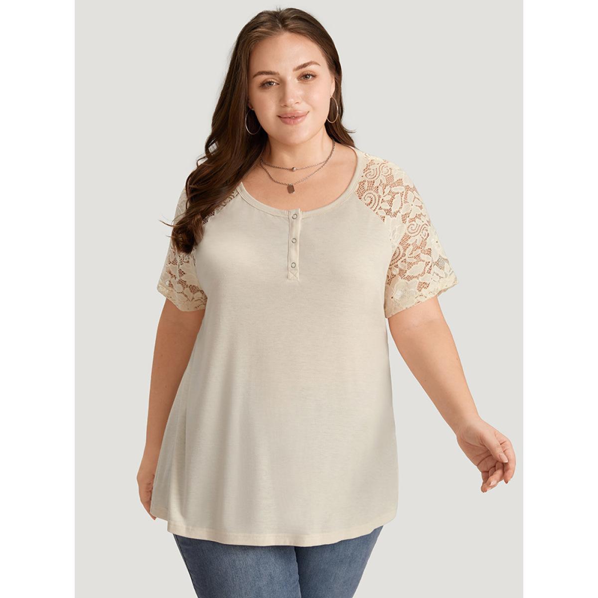 Plus Size Solid Raglan Sleeve Contrast Lace T-shirt Ivory Women Elegant Plain Round Neck Dailywear T-shirts BloomChic 28/5X Product Image