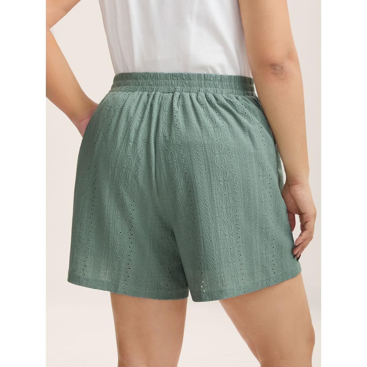 Plus Size Eyelet Trim Textured Breezy Shorts Women Greenbean Casual Texture Straight Leg Everyday-Casual Shorts BloomChic 30/6X Product Image