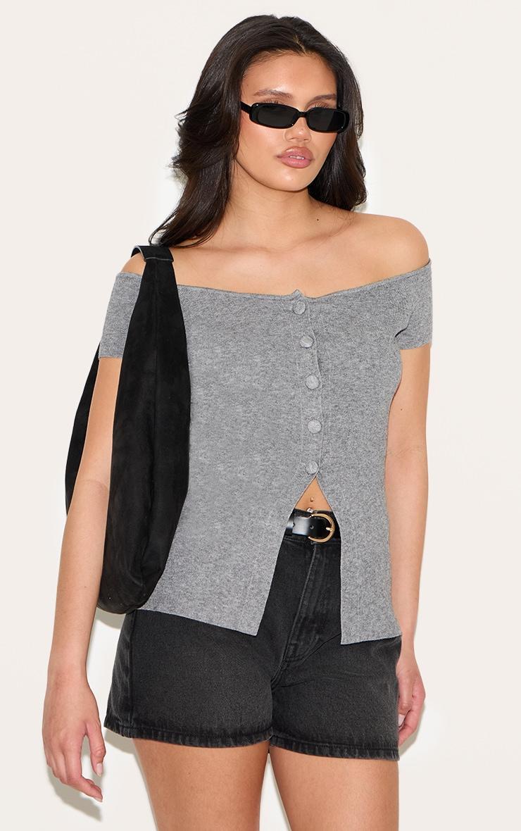Ash Grey Rib Knit Button Up Bardot Split Hem Top Product Image