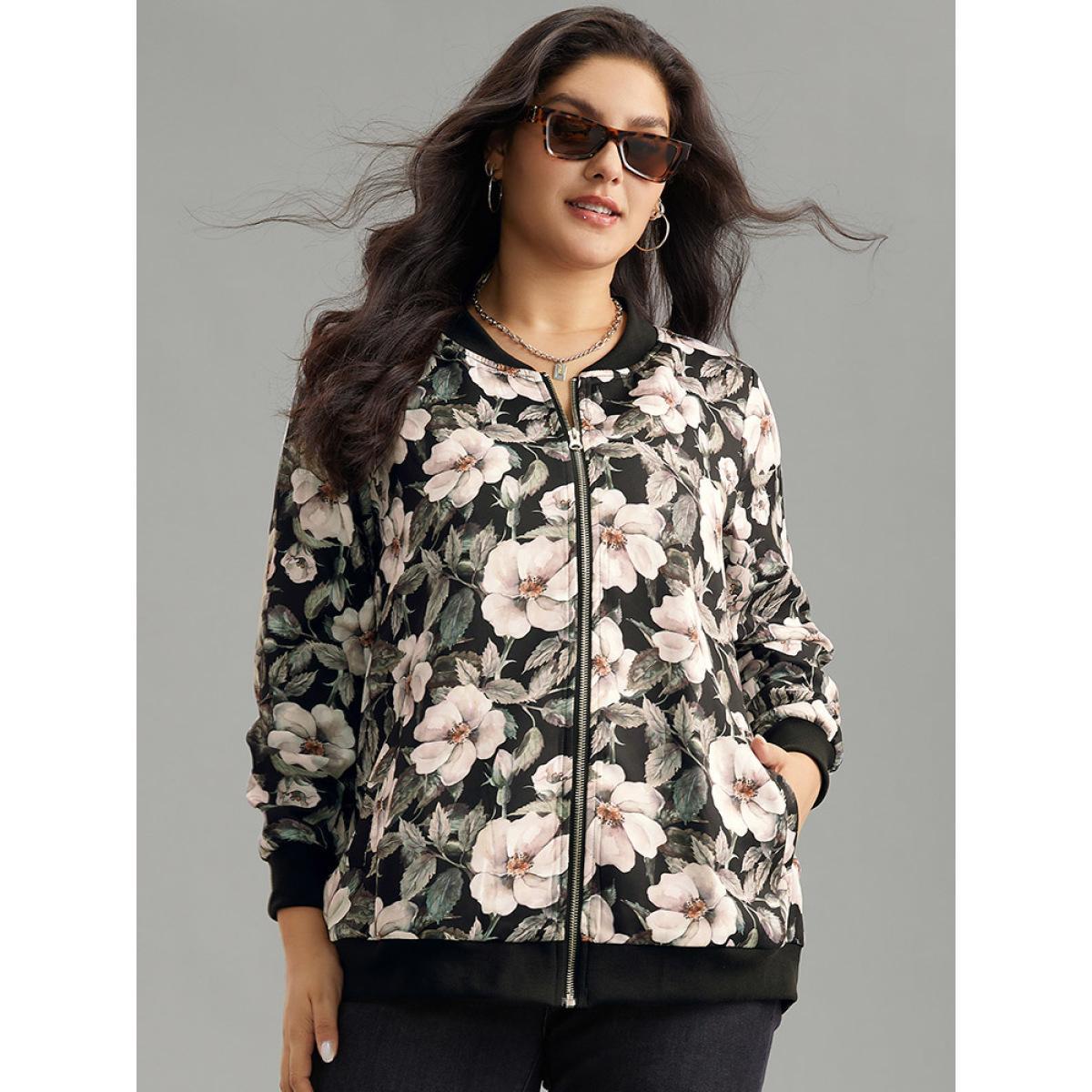 Plus Size Floral Print Patchwork Zipper Jacket Women BlackFlower Elastic cuffs Pocket Everyday Jackets BloomChic 28/5X Product Image