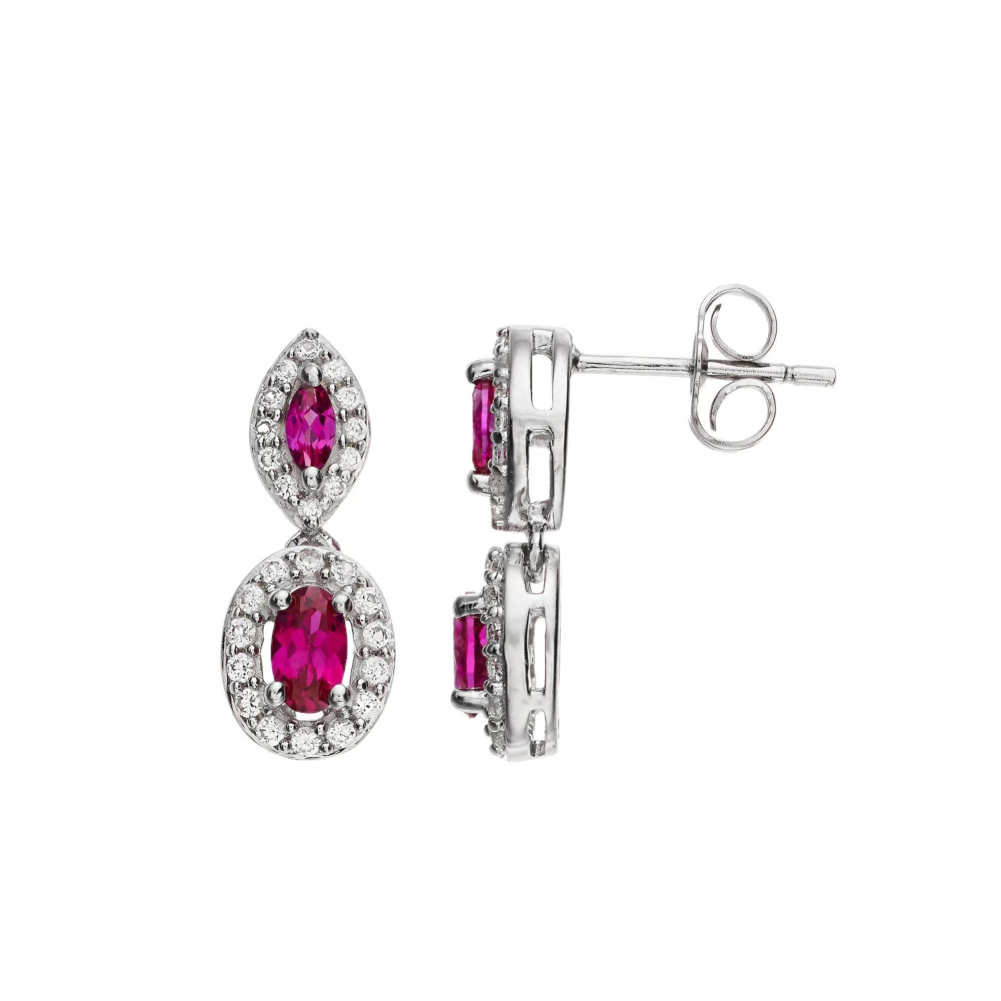 Sterling Silver Lab-Created Gemstone & Lab-Created White Sapphire Drop Earrings, Women's, Created Red Product Image
