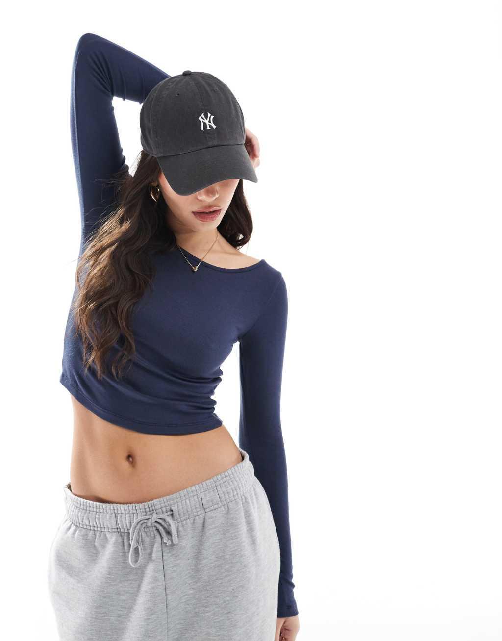 Stradivarius STR slash neck top in navy Product Image
