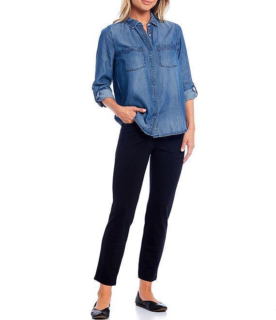 Intro Petite Size Roll-Tab Sleeve Button Front Slub Lyocell Shirt Product Image