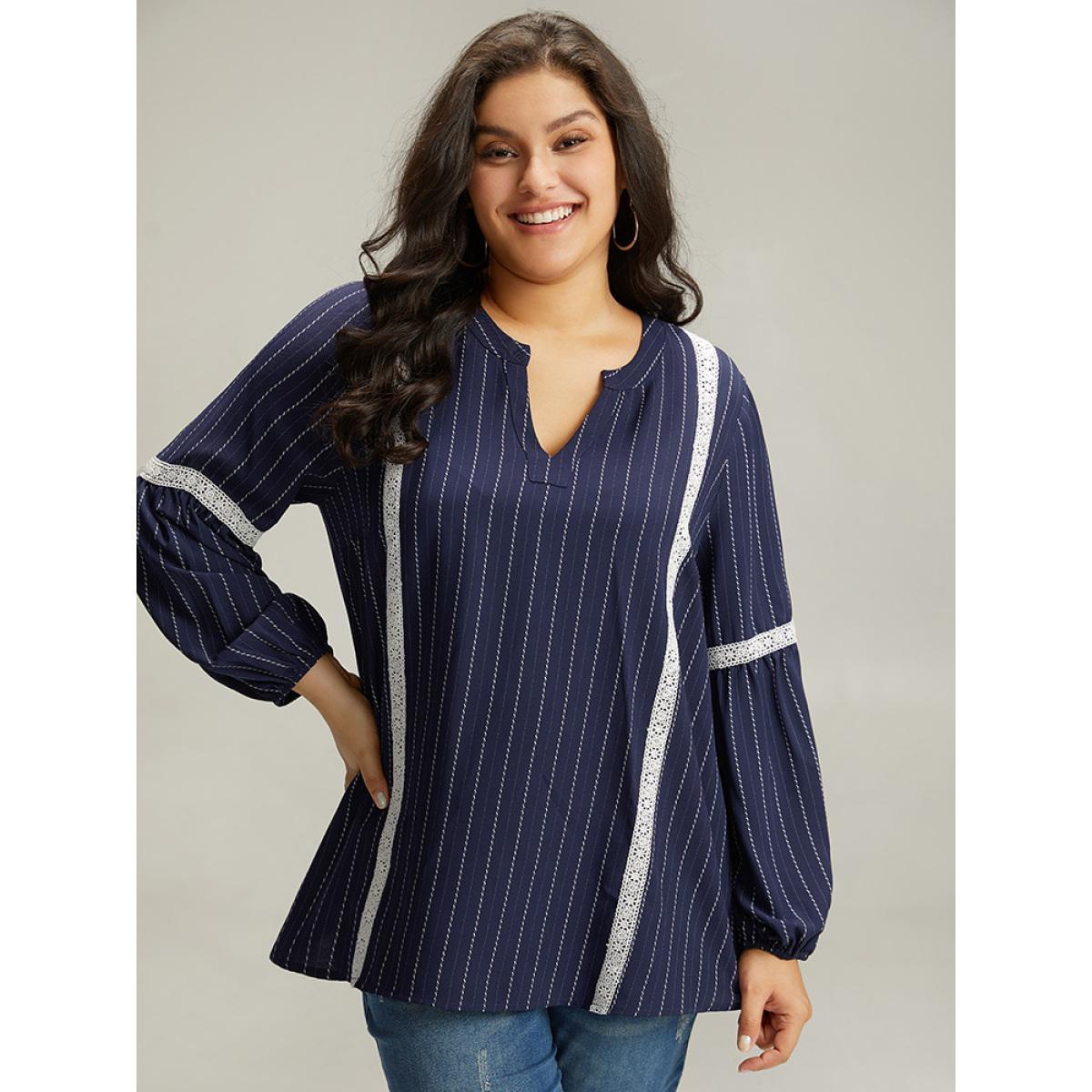 Plus Size Indigo Striped Guipure Lace Notched Lantern Sleeve Blouse Women Office Long Sleeve Notched collar Work Blouses BloomChic 28/5X Product Image
