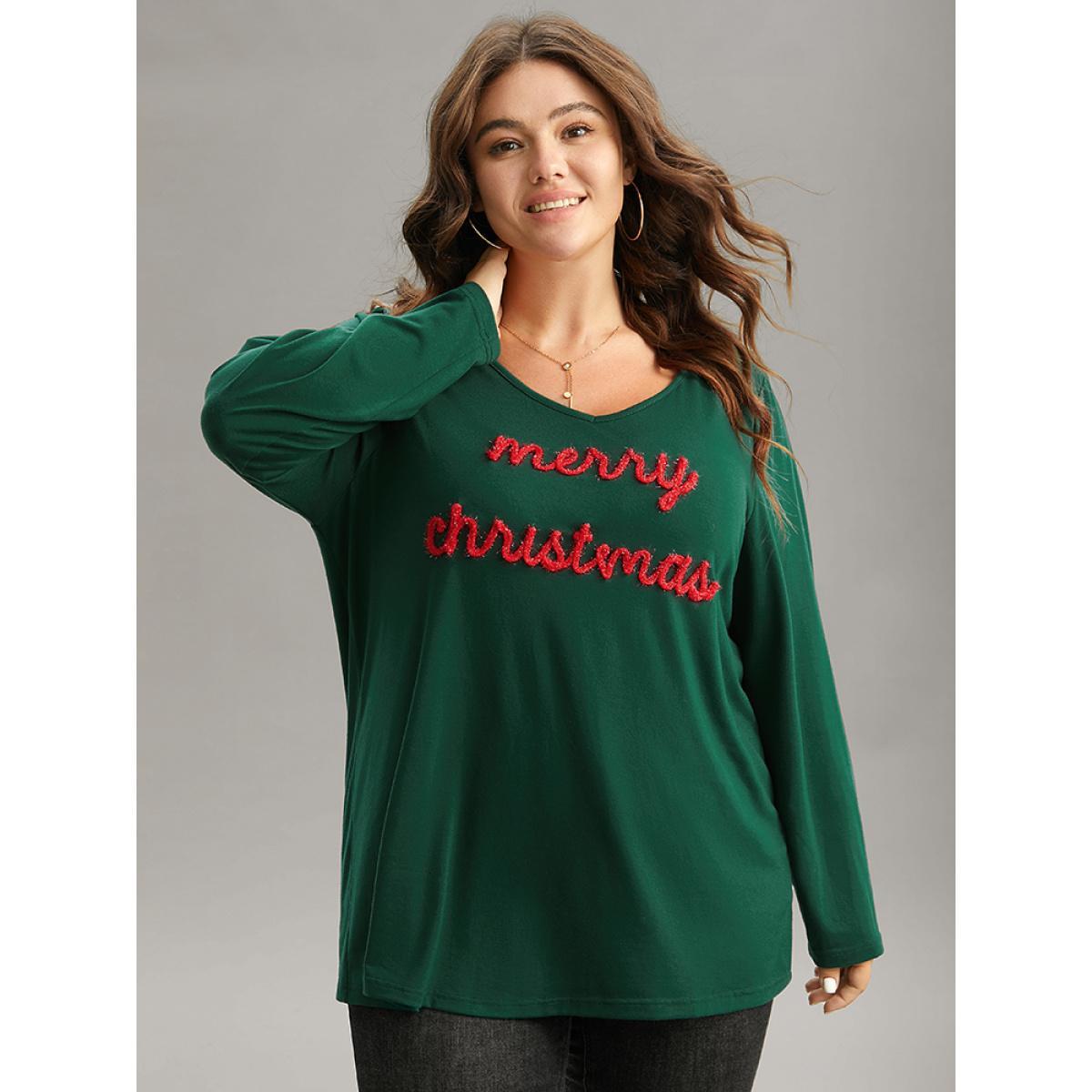 Plus Size Christmas Letter Embroidered Contrast T-shirt DarkGreen Women Casual Contrast Christmas Festival-Christmas T-shirts BloomChic 10/M Product Image