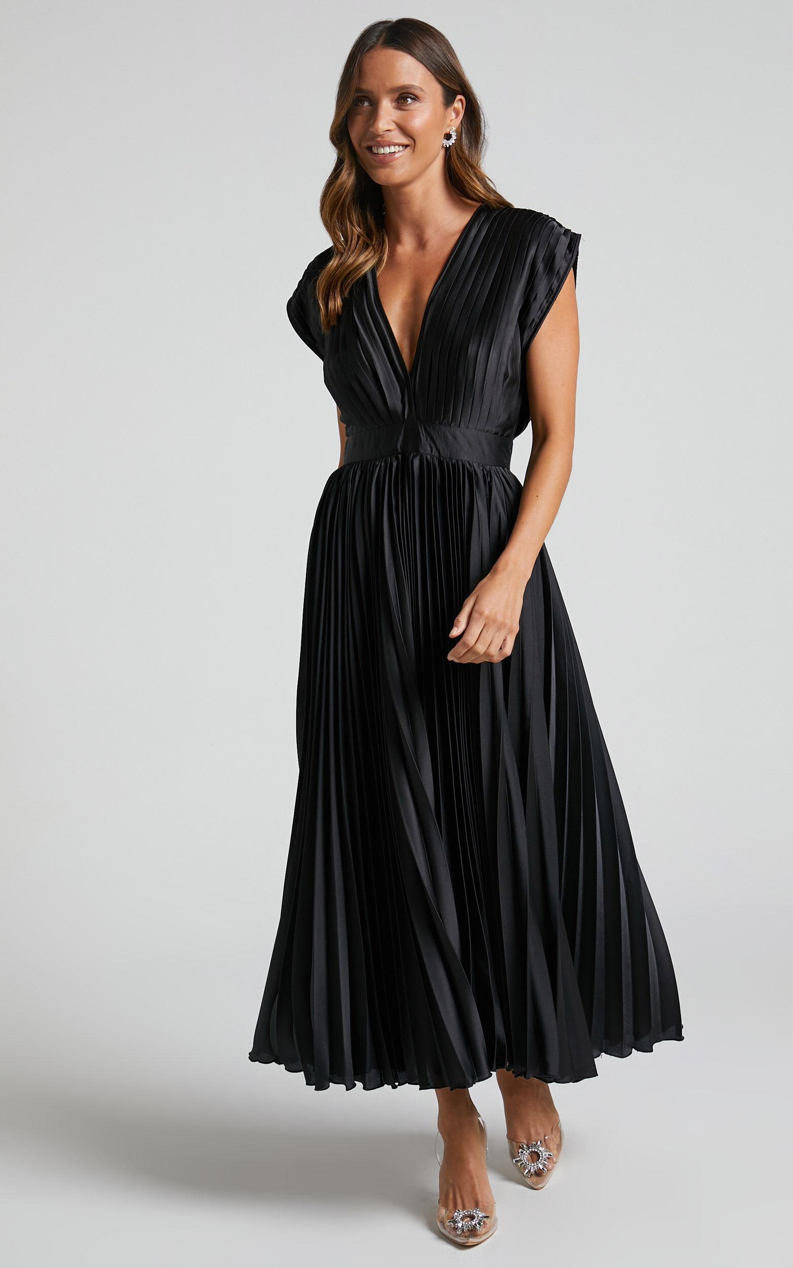 Della Midi Dress - Plunge Neck Short Sleeve Pleated Dress in Black Product Image