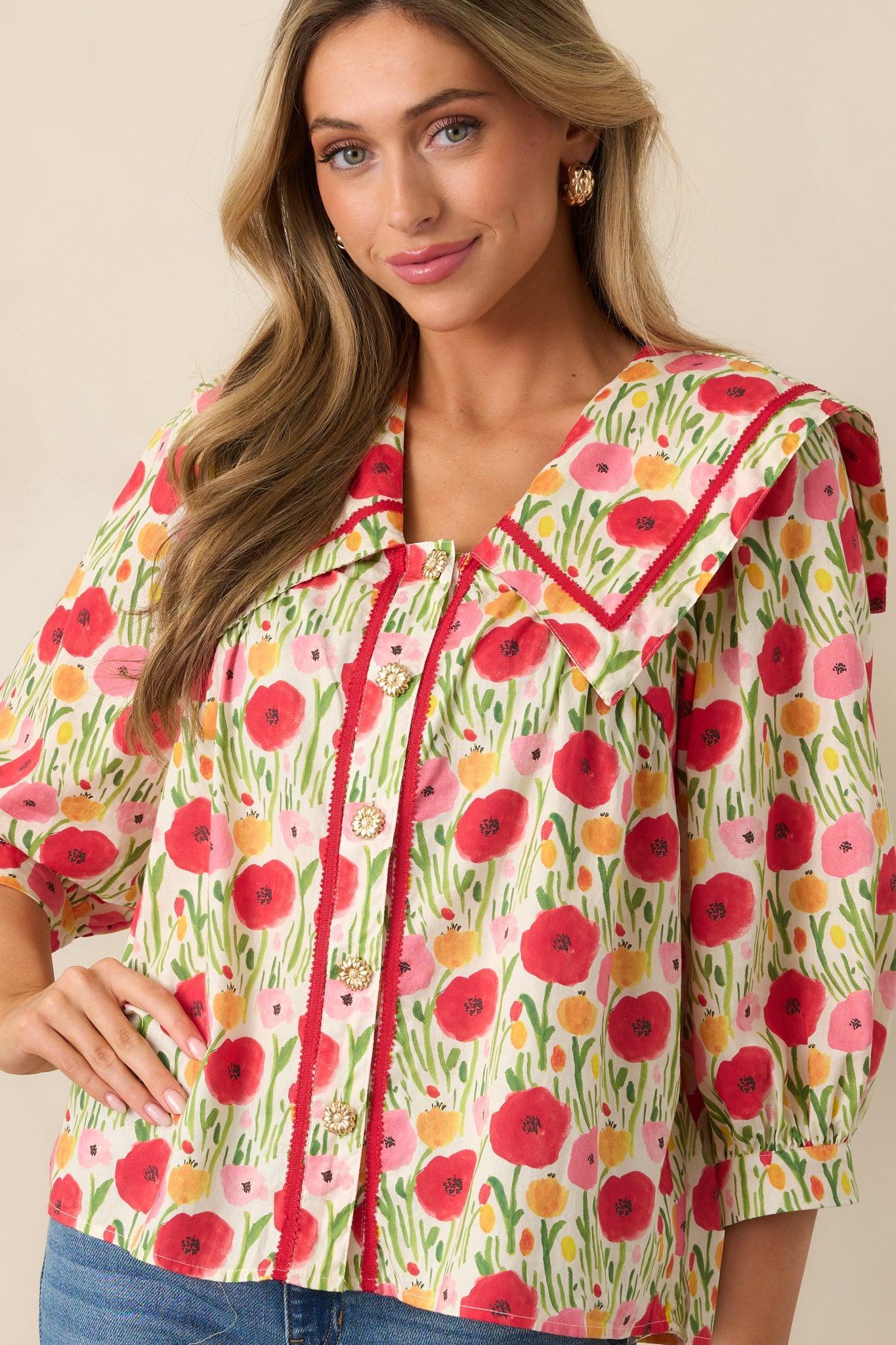 Morning Delight Cotton Red Button Front Blouse Product Image