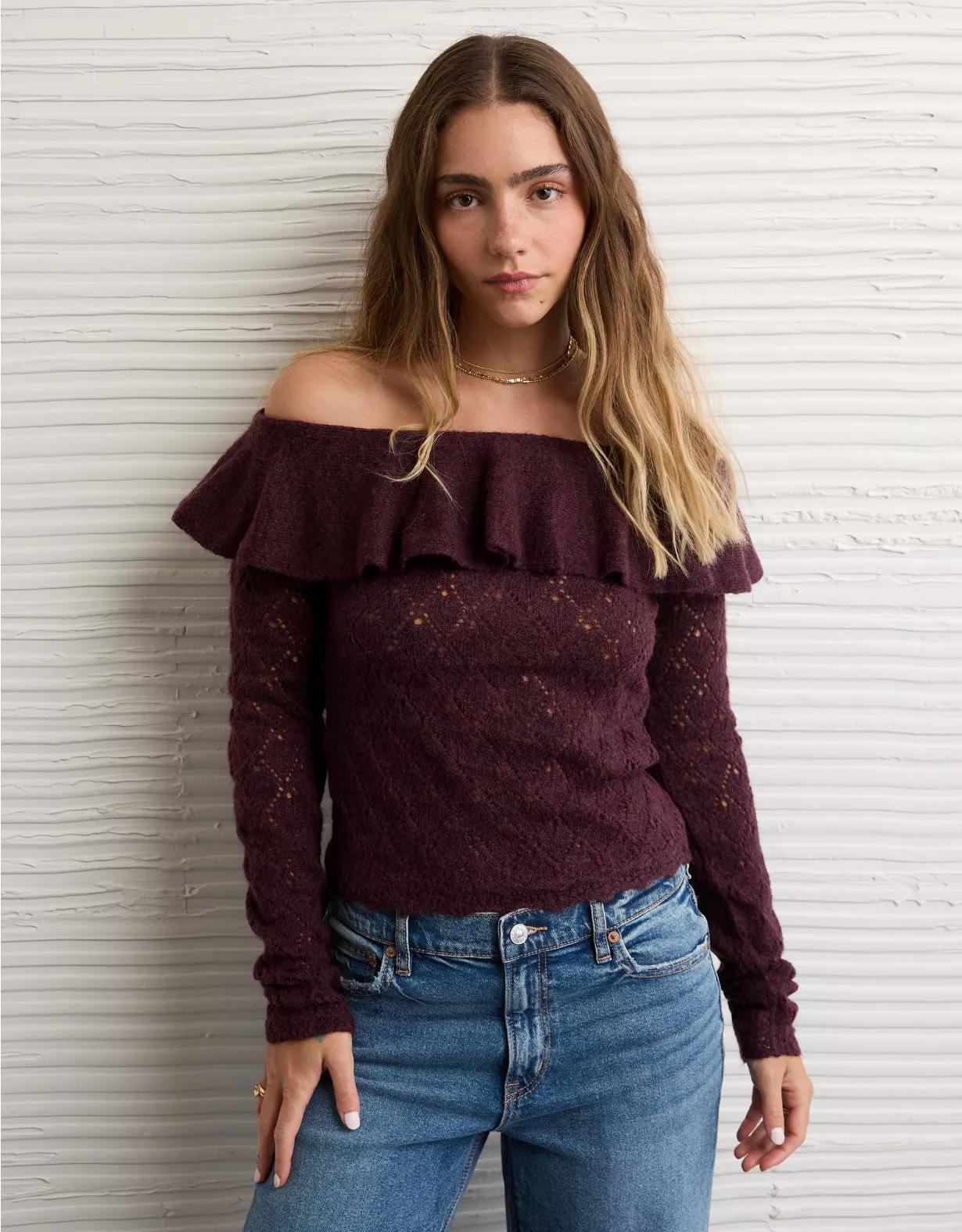 AE Ruffle Off-The-Shoulder Sweater  Product Image
