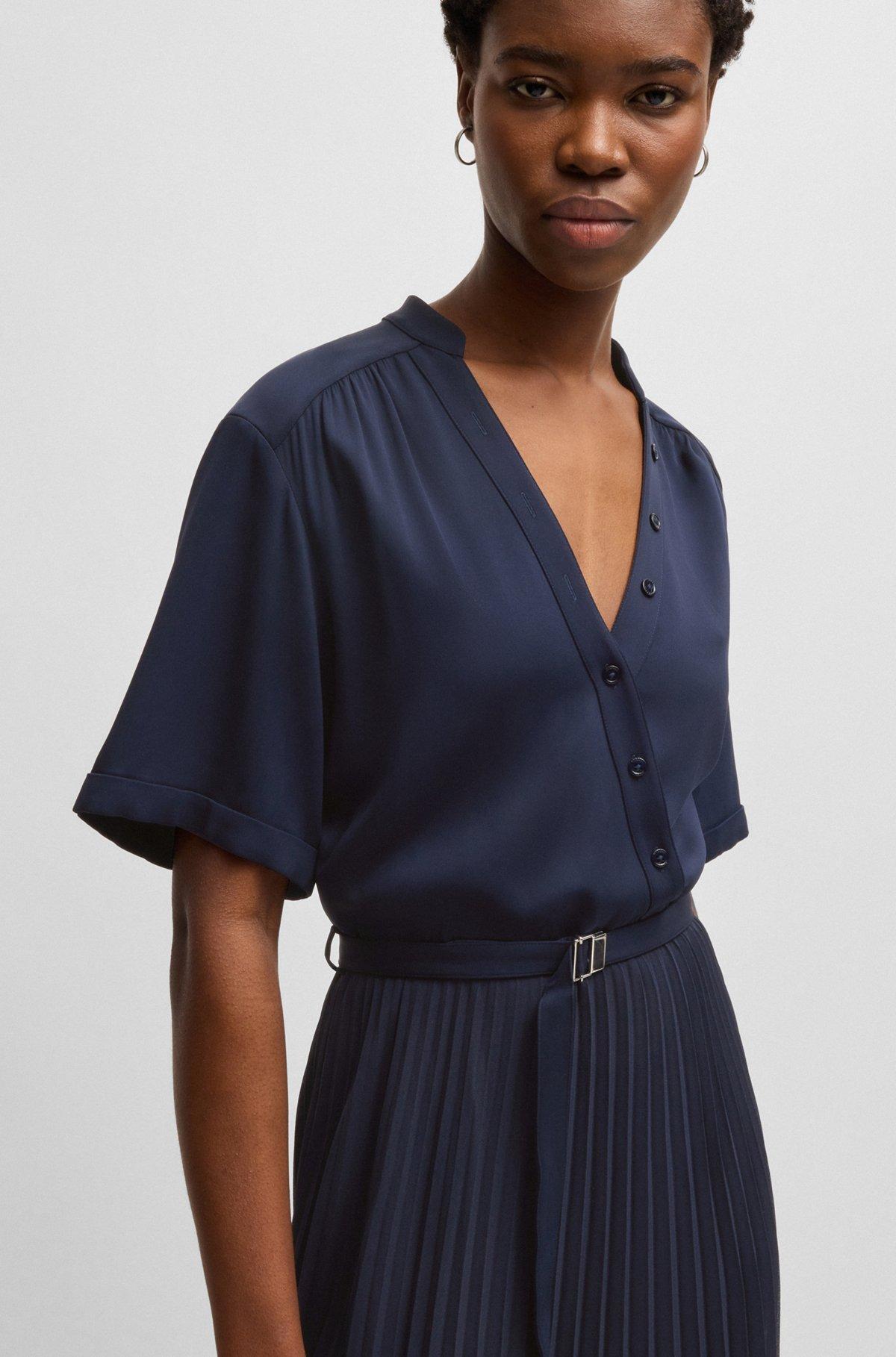 BOSS - Belted dress with plissé skirt - Dark Blue Product Image