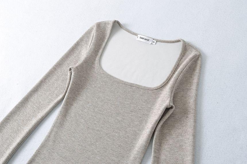 Long-Sleeve Square-Neck Plain Midi Bodycon Dress Product Image
